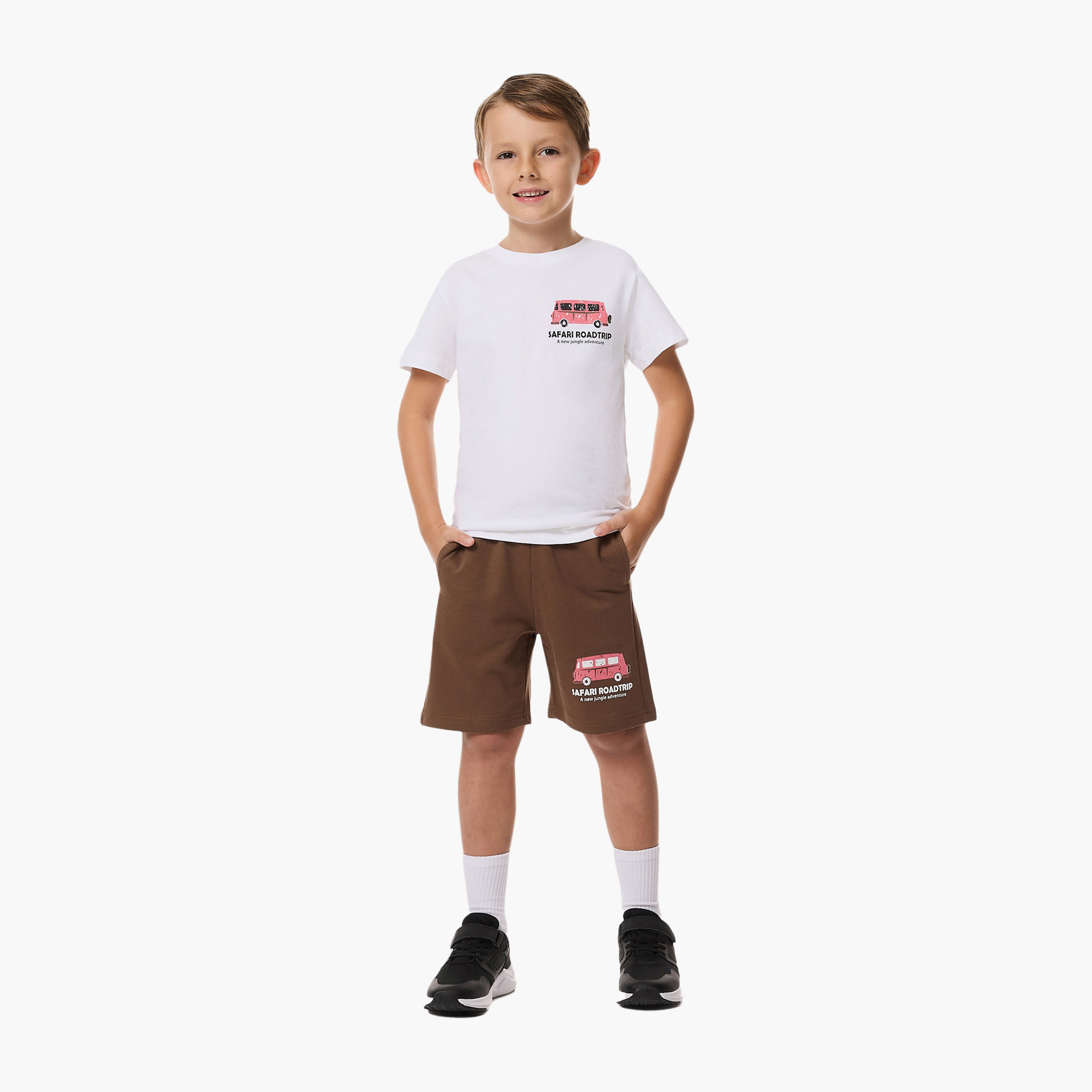Victor and Jane Safari Road Trip Printed T-Shirt & Shorts Set - White & Brown-boys-clothing-setsandcoords-image-1