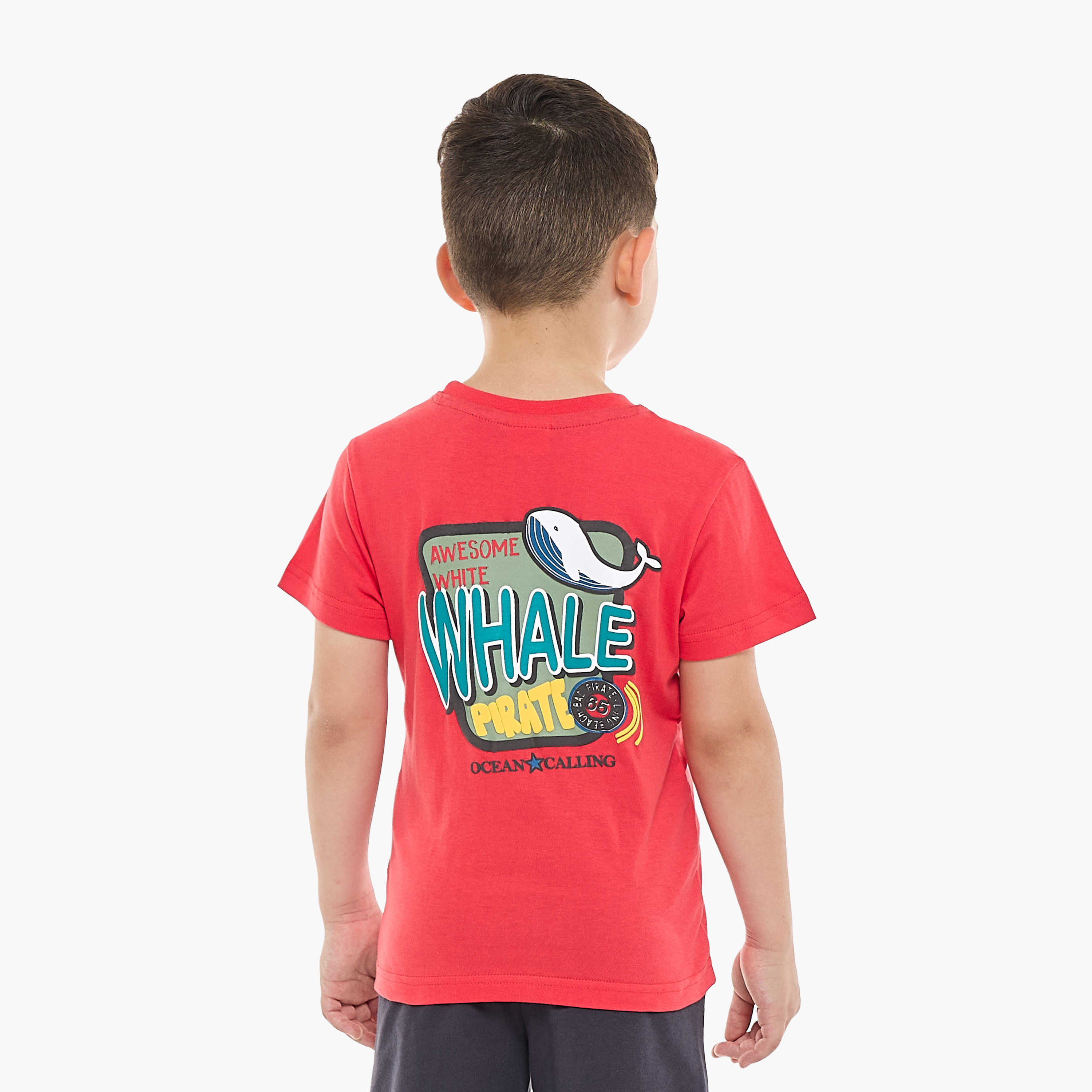 تي شيرت وشورت مطبوعان بجيوب من فيكتور آند جين - مرجاني ورمادي غامق-boys-clothing-setsandcoords-image-6