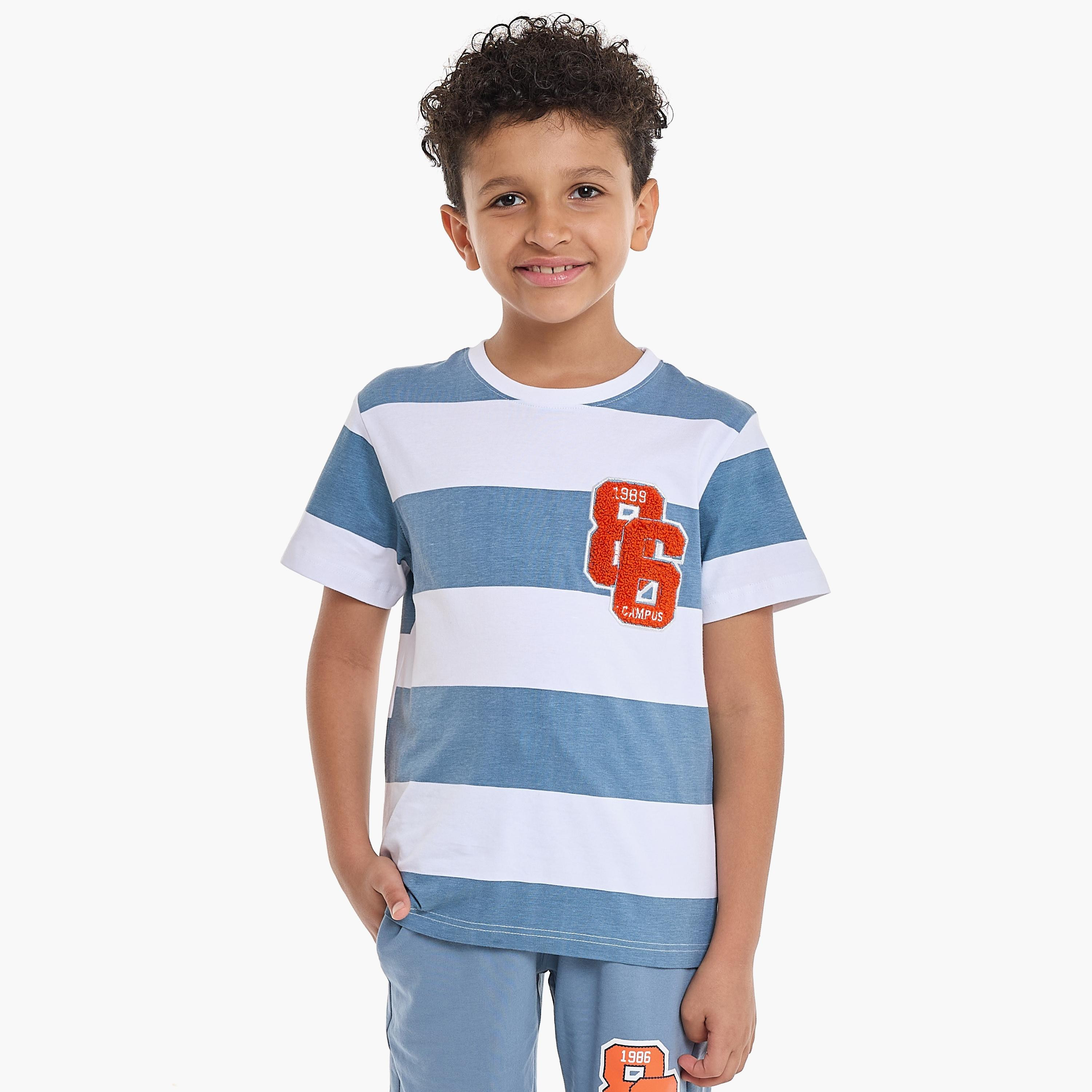 تي شيرت مخطط بأكمام قصيرة مع شورت من قطعتين من فيكتور اند جين-boys-clothing-setsandcoords-image-3