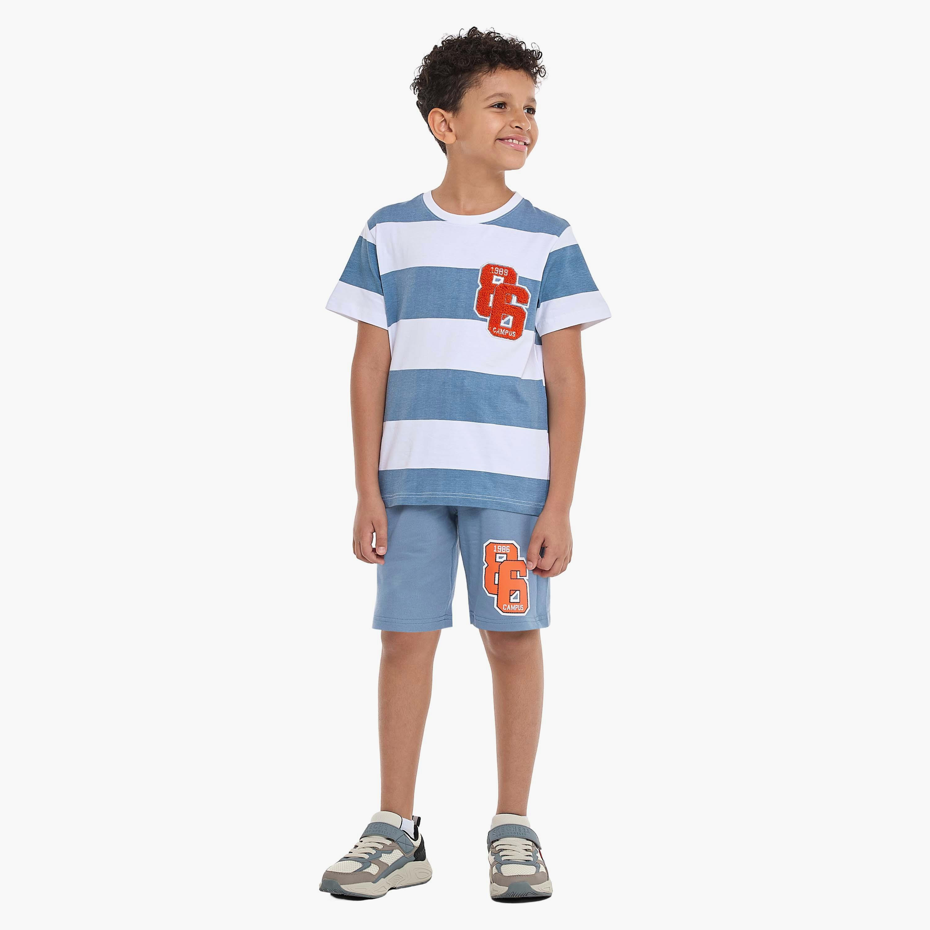 تي شيرت مخطط بأكمام قصيرة مع شورت من قطعتين من فيكتور اند جين-boys-clothing-setsandcoords-image-5