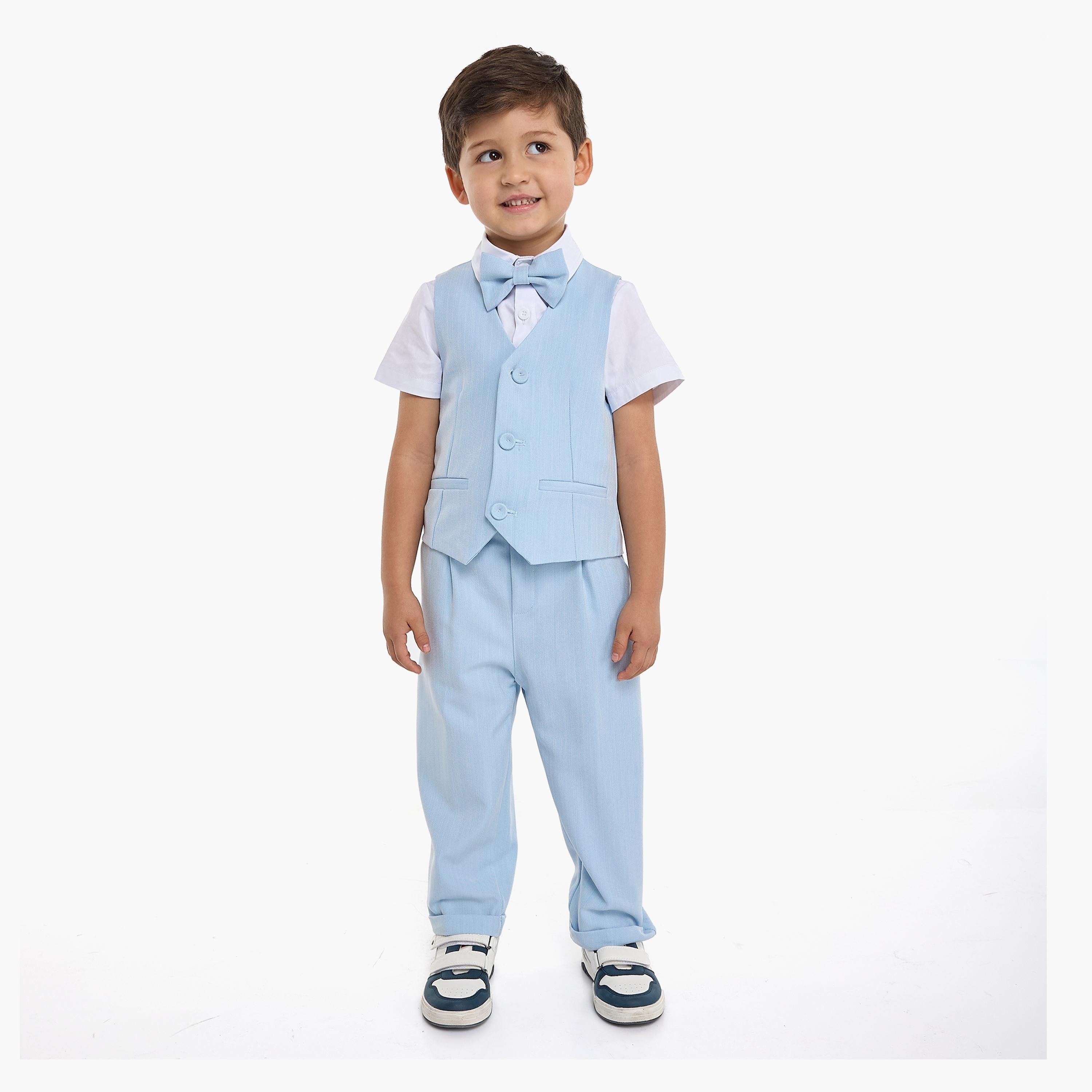 Victor and Jane 4-Piece Solid Short Sleeves Shirt, Pants, Waistcoat with Tie-baby-boys-clothing-setsandcoords-image-2