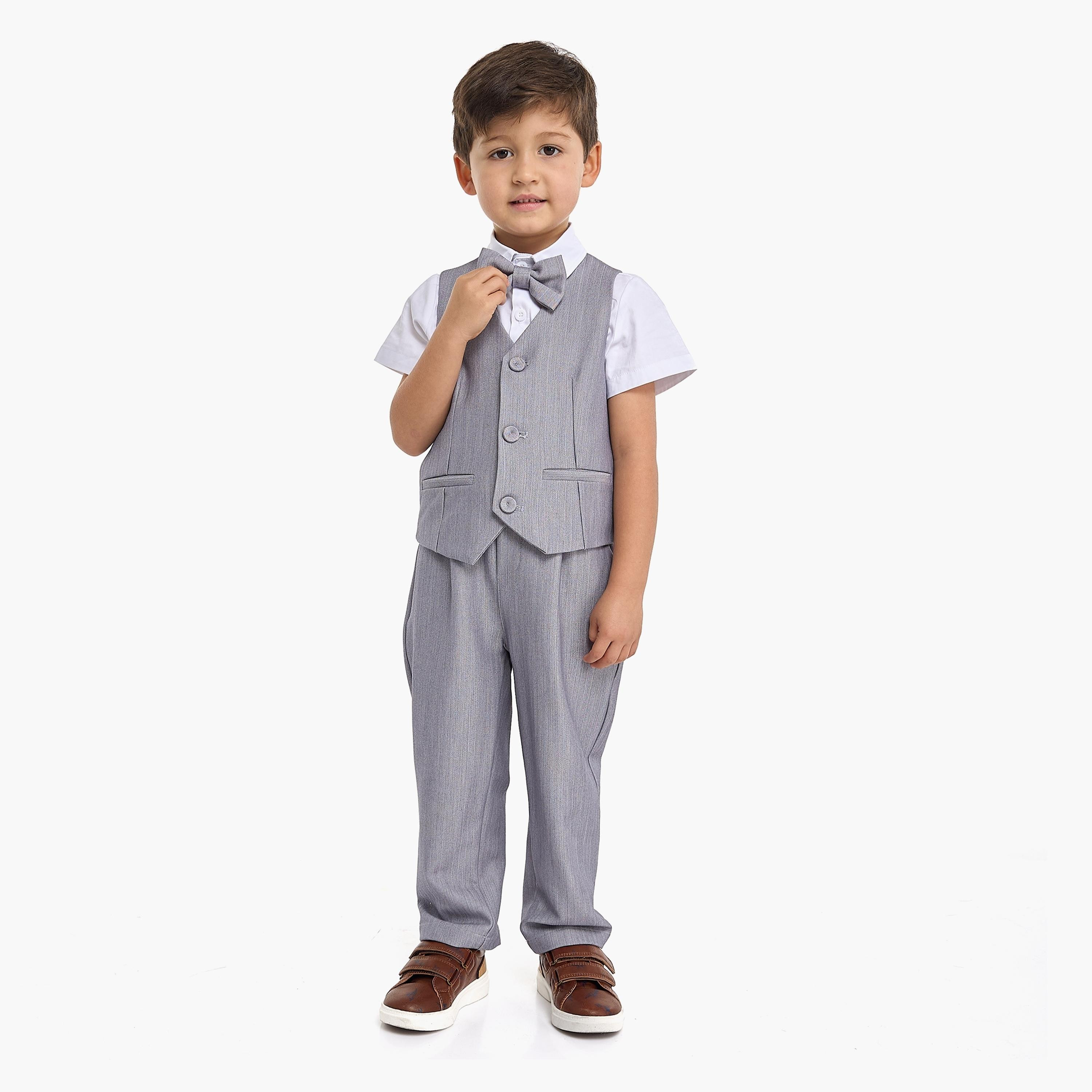 Victor and Jane 4-Piece Solid Short Sleeves Shirt, Pants, Waistcoat with Tie-baby-boys-clothing-setsandcoords-image-2