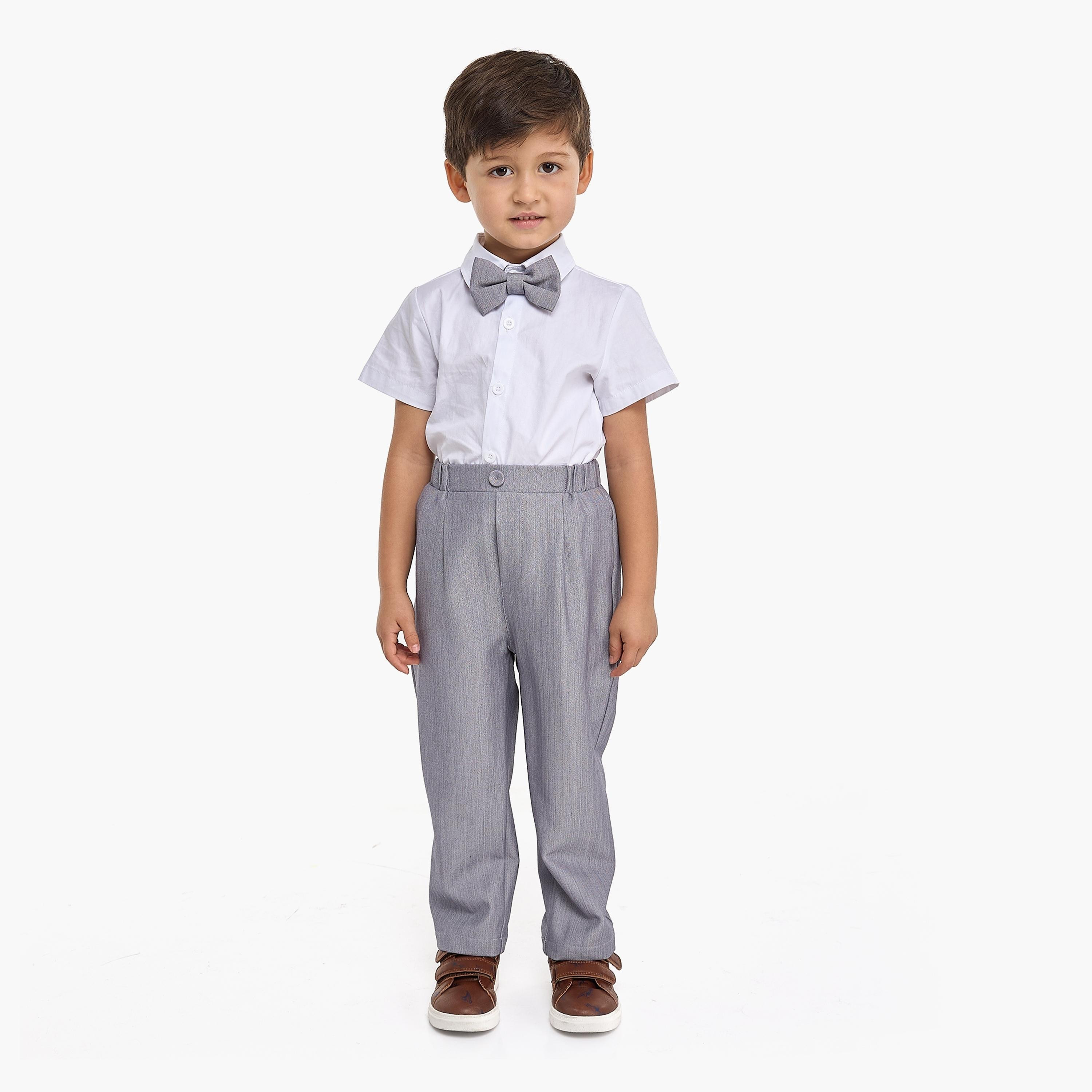 قميص سادة بأكمام قصيرة 4 قطع وبنطلون وصدرية وربطة عنق من فيكتور اند جين-baby-boys-clothing-setsandcoords-image-3