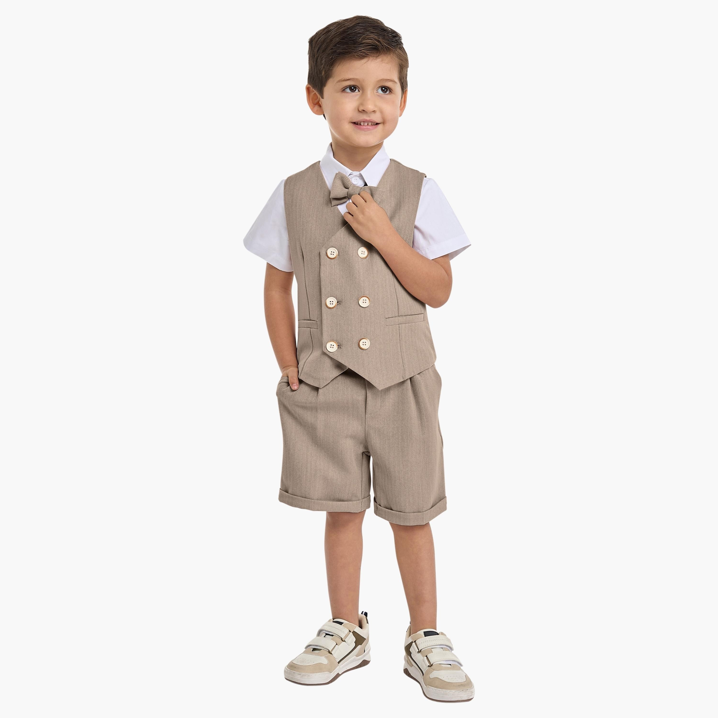 Victor and Jane 4-Piece Solid Short Sleeves Shirt, Shorts, Waistcoat with Tie-boys-clothing-setsandcoords-image-1
