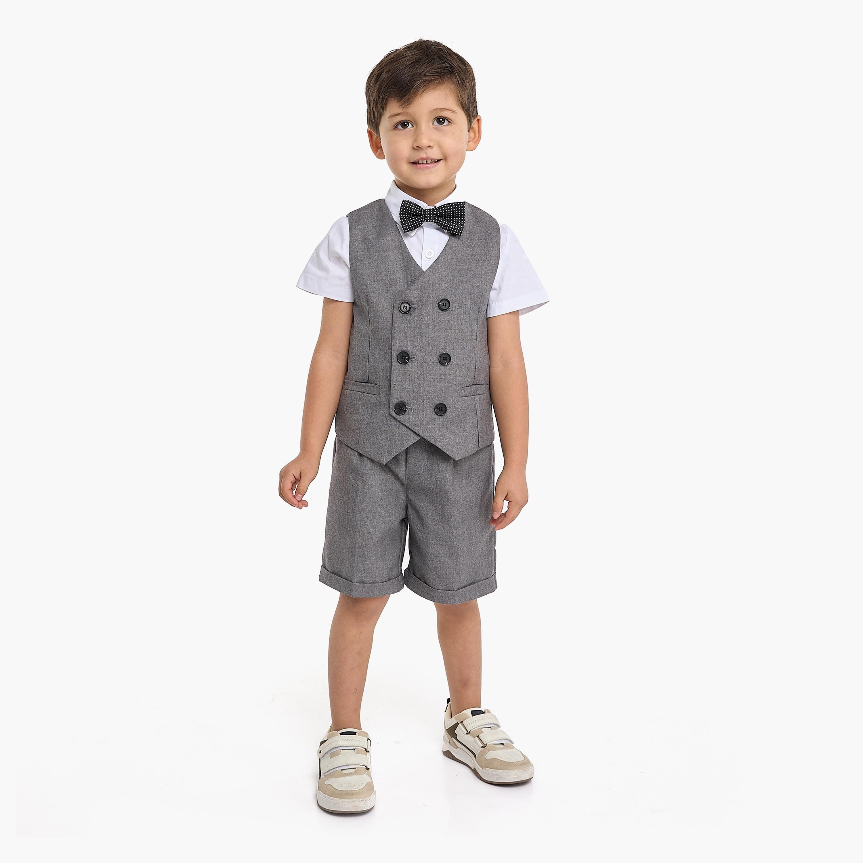 قميص سادة بأكمام قصيرة 4 قطع وشورت وصدرية مع ربطة عنق من فيكتور اند جين-boys-clothing-setsandcoords-image-1