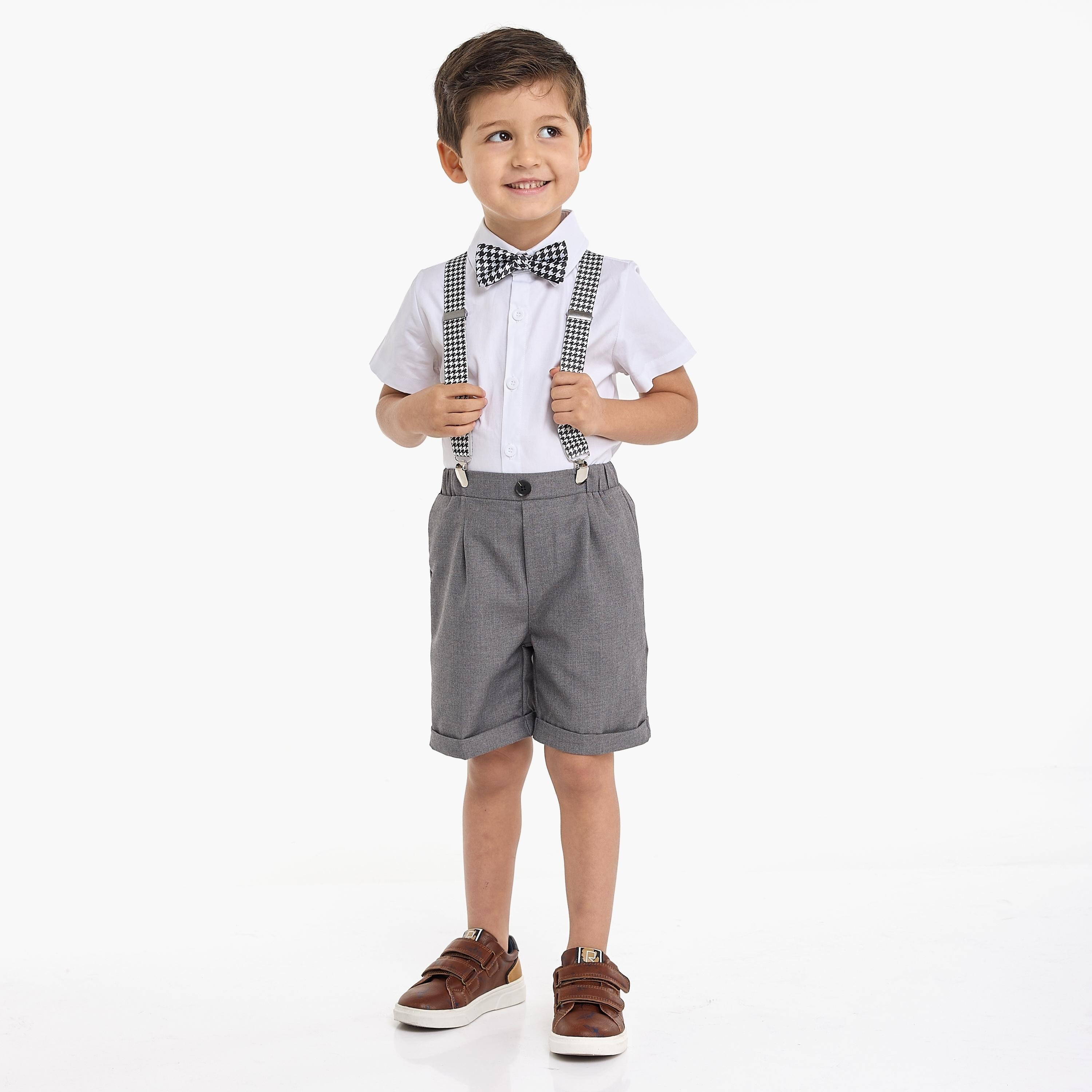 قميص سادة بأكمام قصيرة 4 قطع وشورت وحمالة مع ربطة عنق من فيكتور اند جين-boys-clothing-setsandcoords-image-2