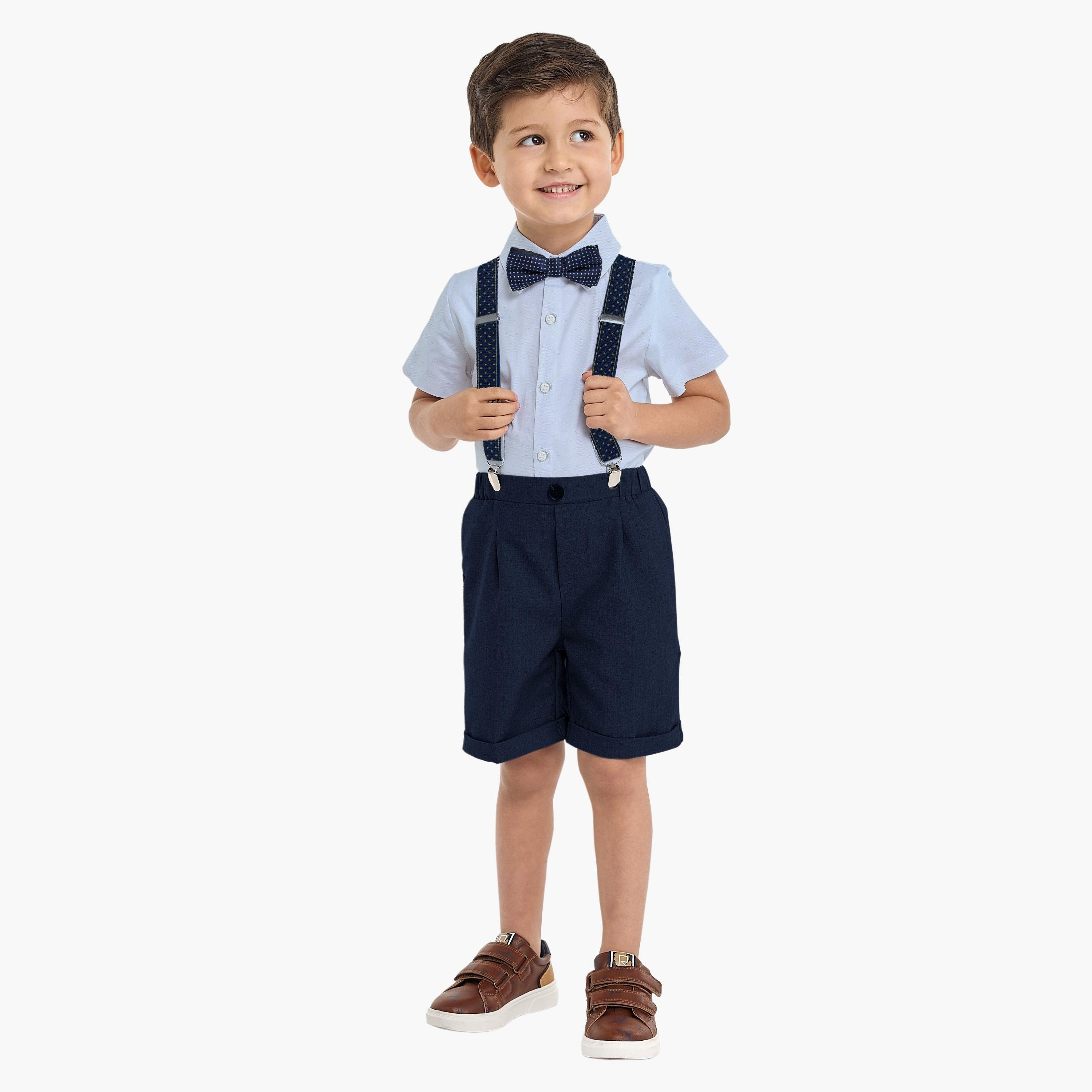 Victor and Jane 4-Piece Solid Short Sleeves Shirt, Shorts, Suspender with Tie-baby-boys-clothing-setsandcoords-image-1
