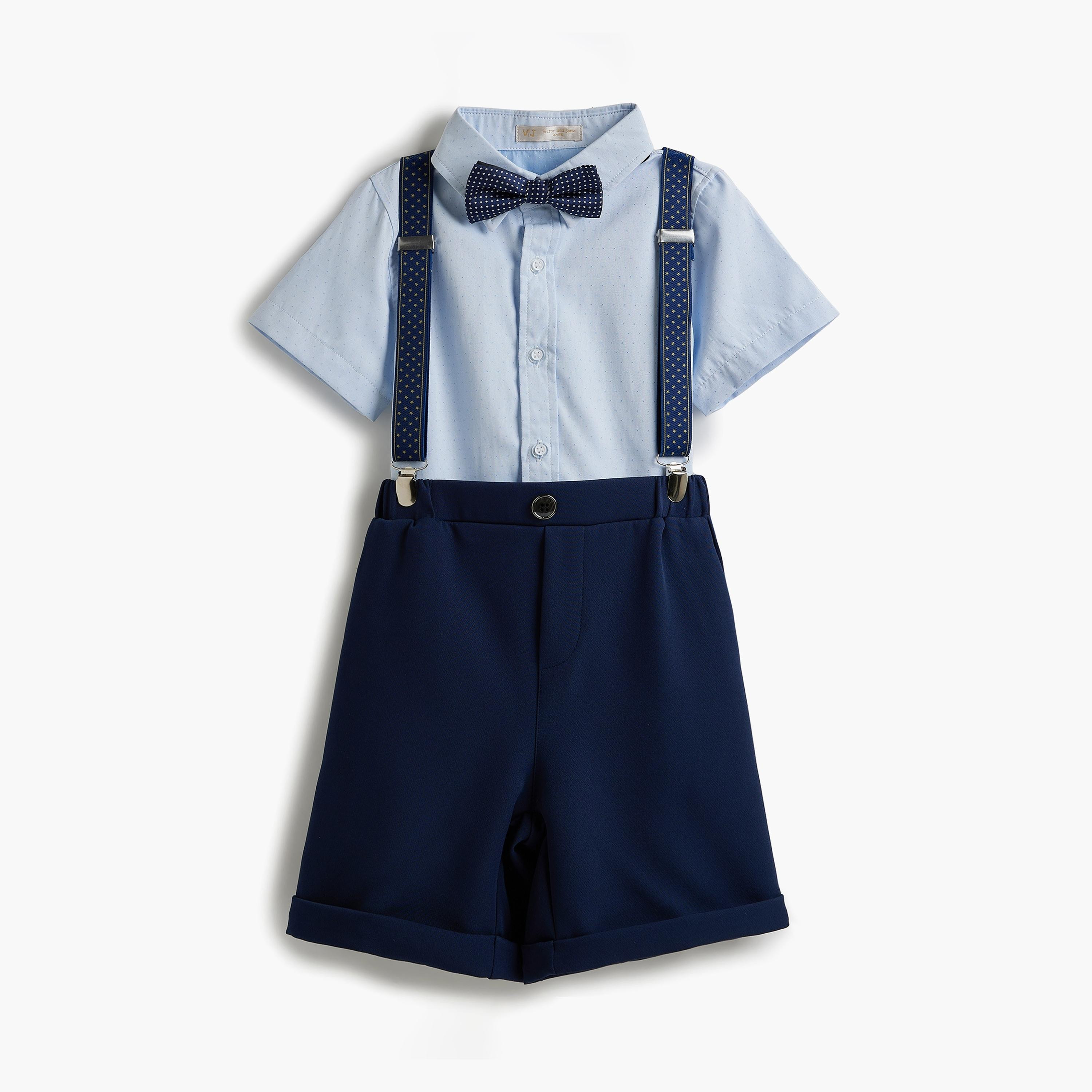 قميص سادة بأكمام قصيرة 4 قطع وشورت وحمالة مع ربطة عنق من فيكتور اند جين-baby-boys-clothing-setsandcoords-image-4