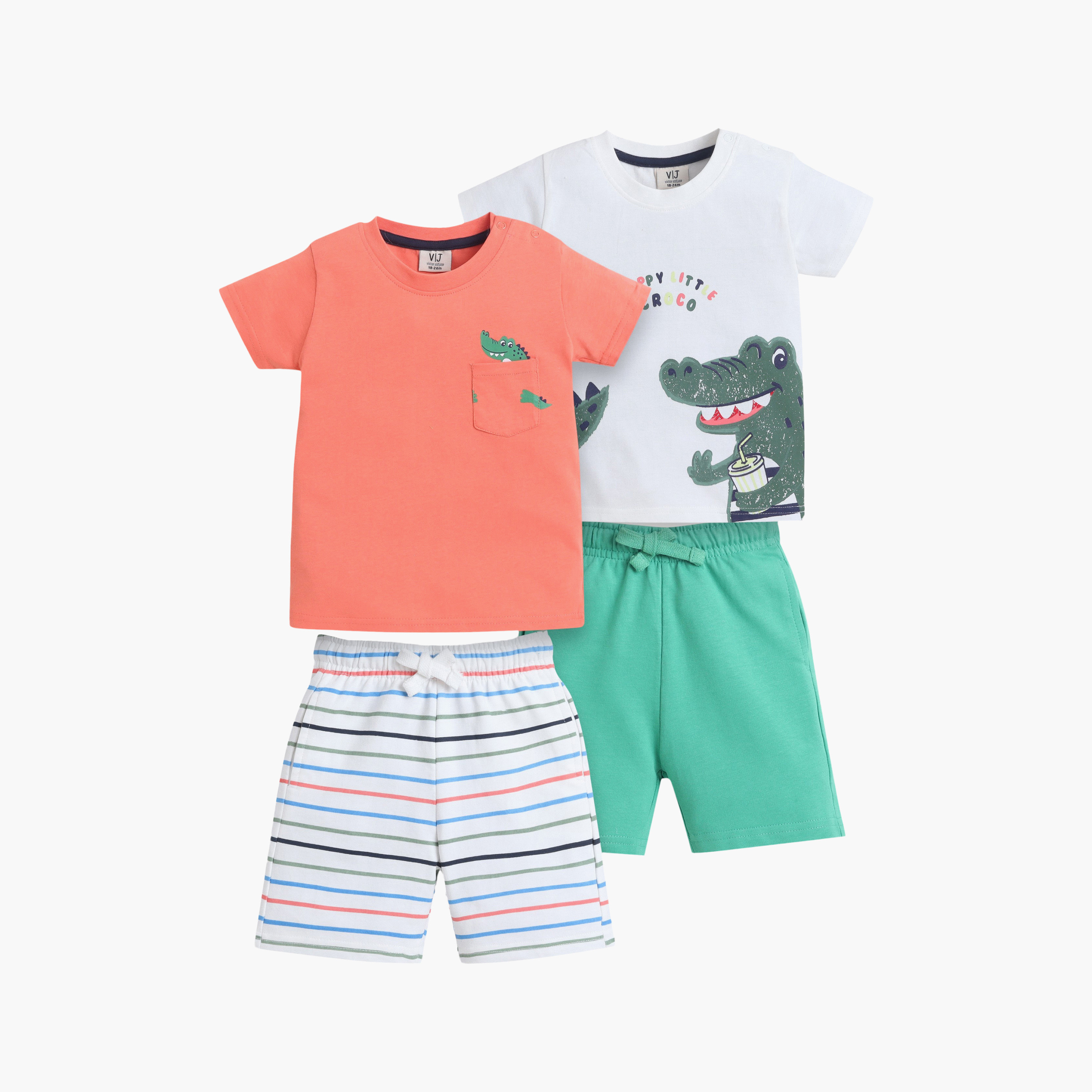 طقم مكون من 4 قطع: تي شيرتات بأكمام قصيرة ورسومات، وبنطلون مع شورت من فيكتور آند جين-boys-clothing-setsandcoords-image-1