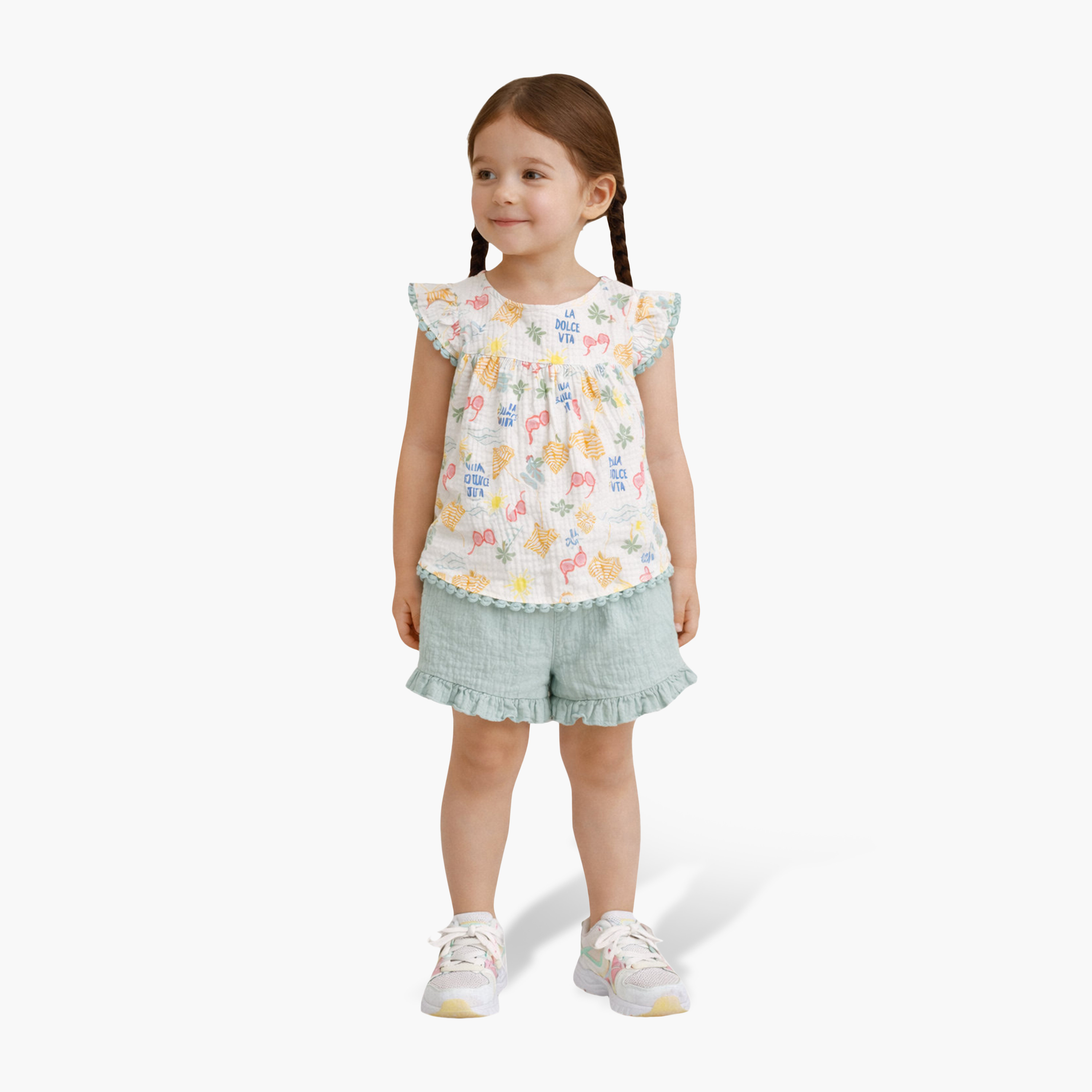 Victor and Jane Printed Flutter Sleeves Top & Ruffle Shorts Set-girls-clothing-setsandcoords-image-2