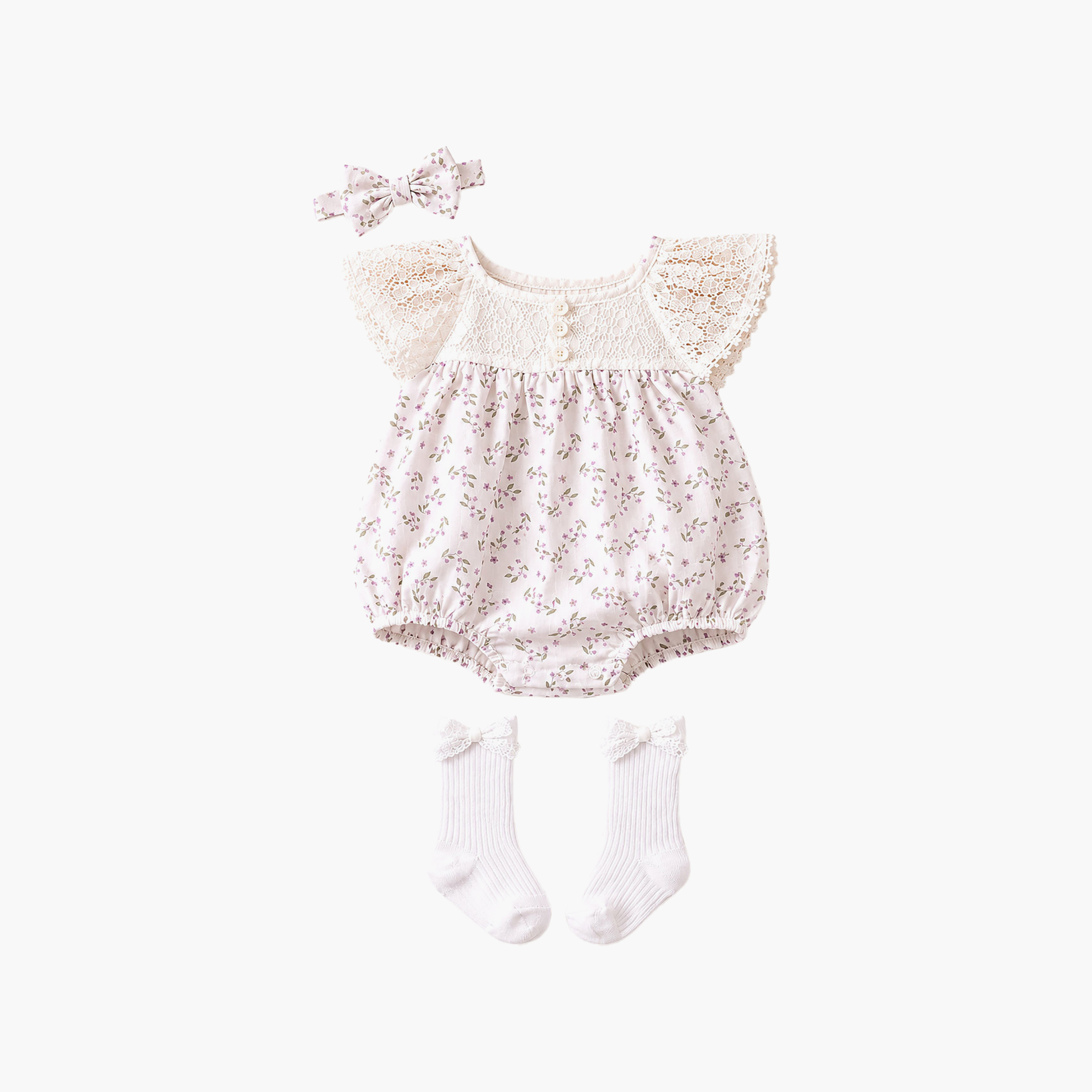 Victor and Jane Floral Cap Sleeves Rompers & Headband with Socks-baby-girls-clothing-rompers-image-1