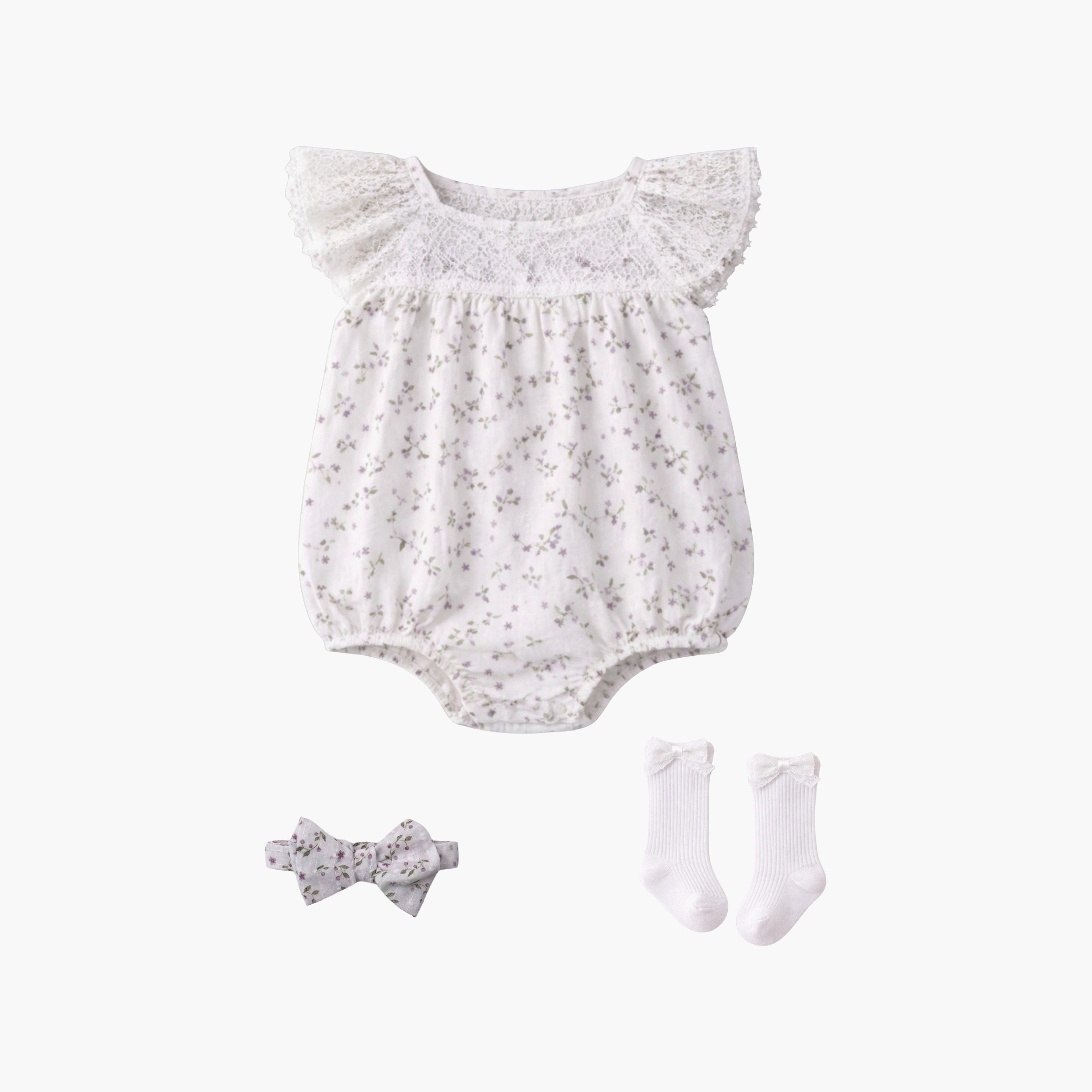 Victor and Jane Floral Cap Sleeves Rompers & Headband with Socks-baby-girls-clothing-rompers-image-4
