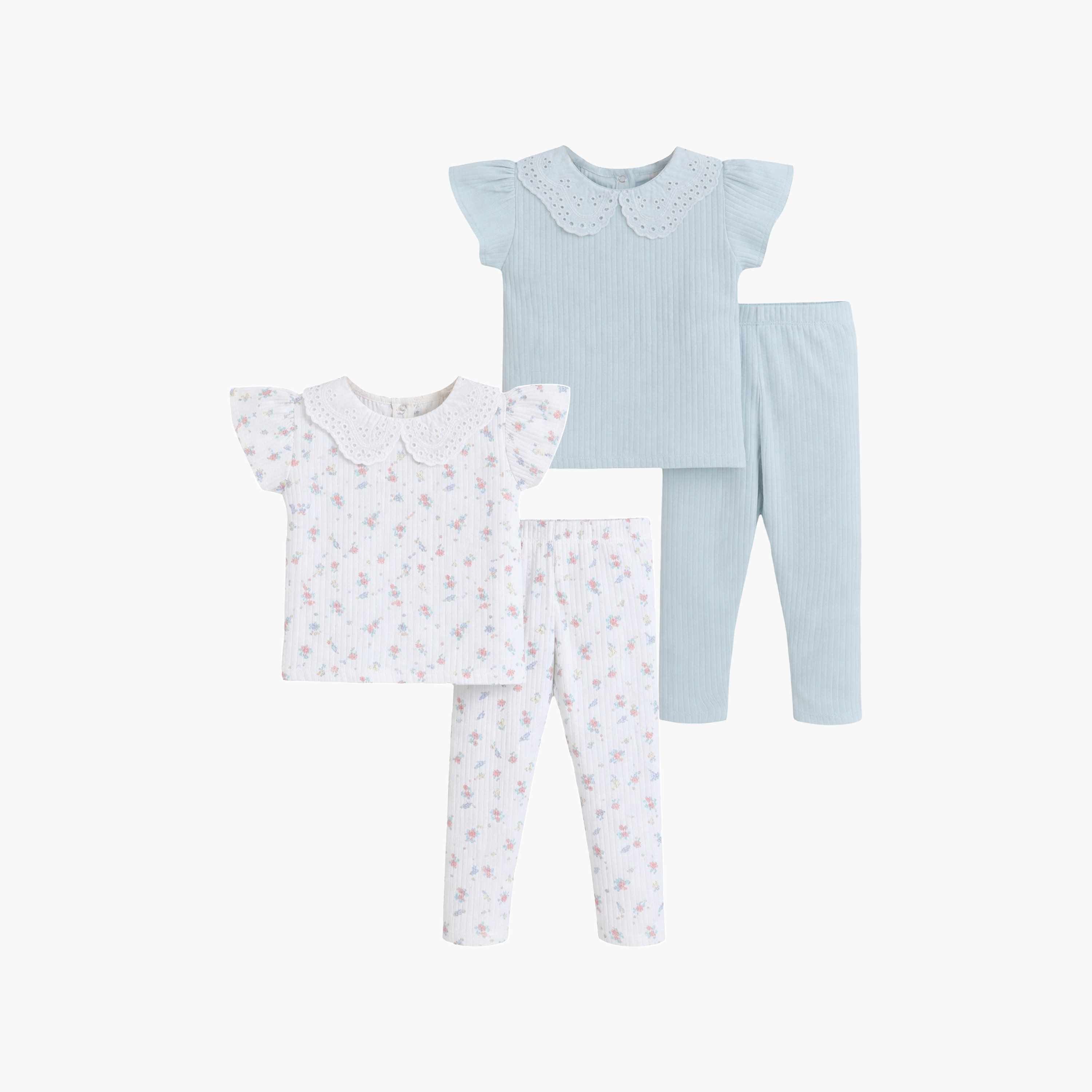 طقم 4 قطع تيشيرتات بأكمام قصيرة بطبعة فلورال وليقنز من فيكتور أند جين-baby-girls-clothing-setsandcoords-image-1