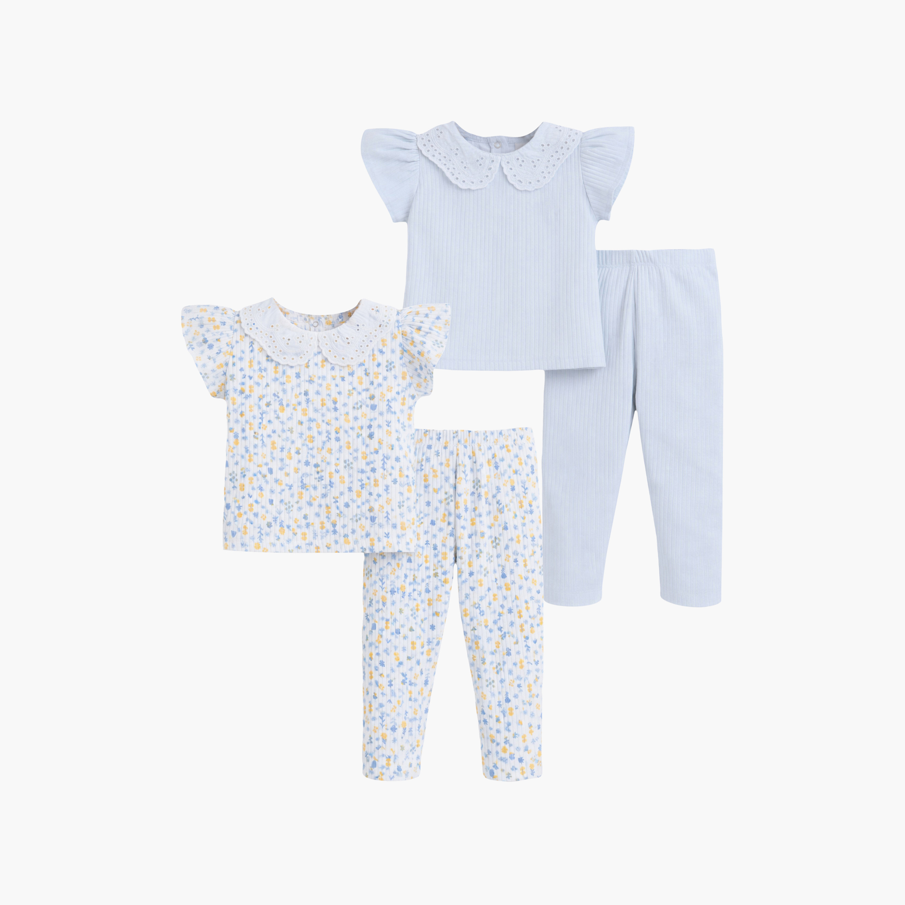 طقم 4 قطع تيشيرتات بأكمام قصيرة بطبعة فلورال وليقنز من فيكتور أند جين-baby-girls-clothing-setsandcoords-image-1