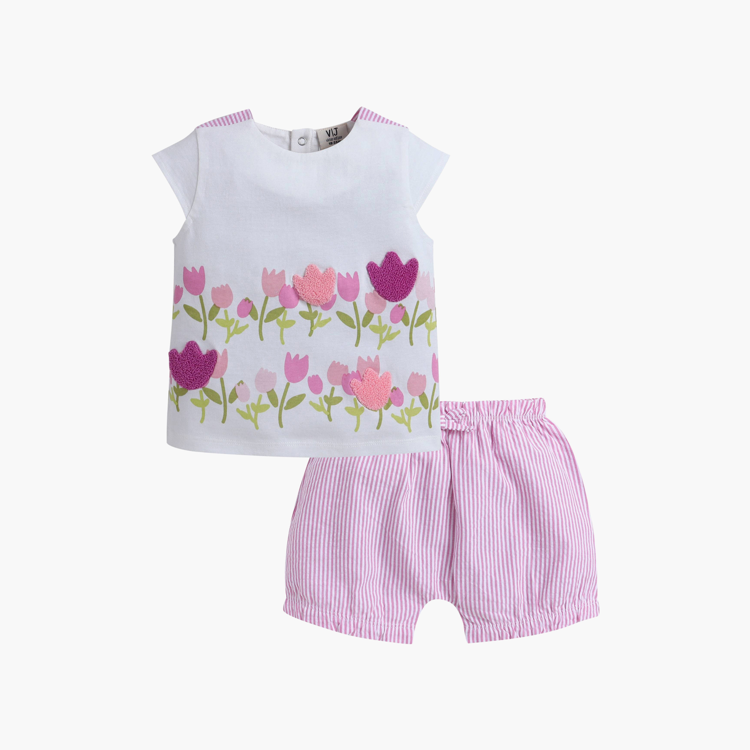 Victor and Jane Cap Sleeves Tulip Printed Top & Stripe Shorts Set-baby-girls-clothing-setsandcoords-image-1