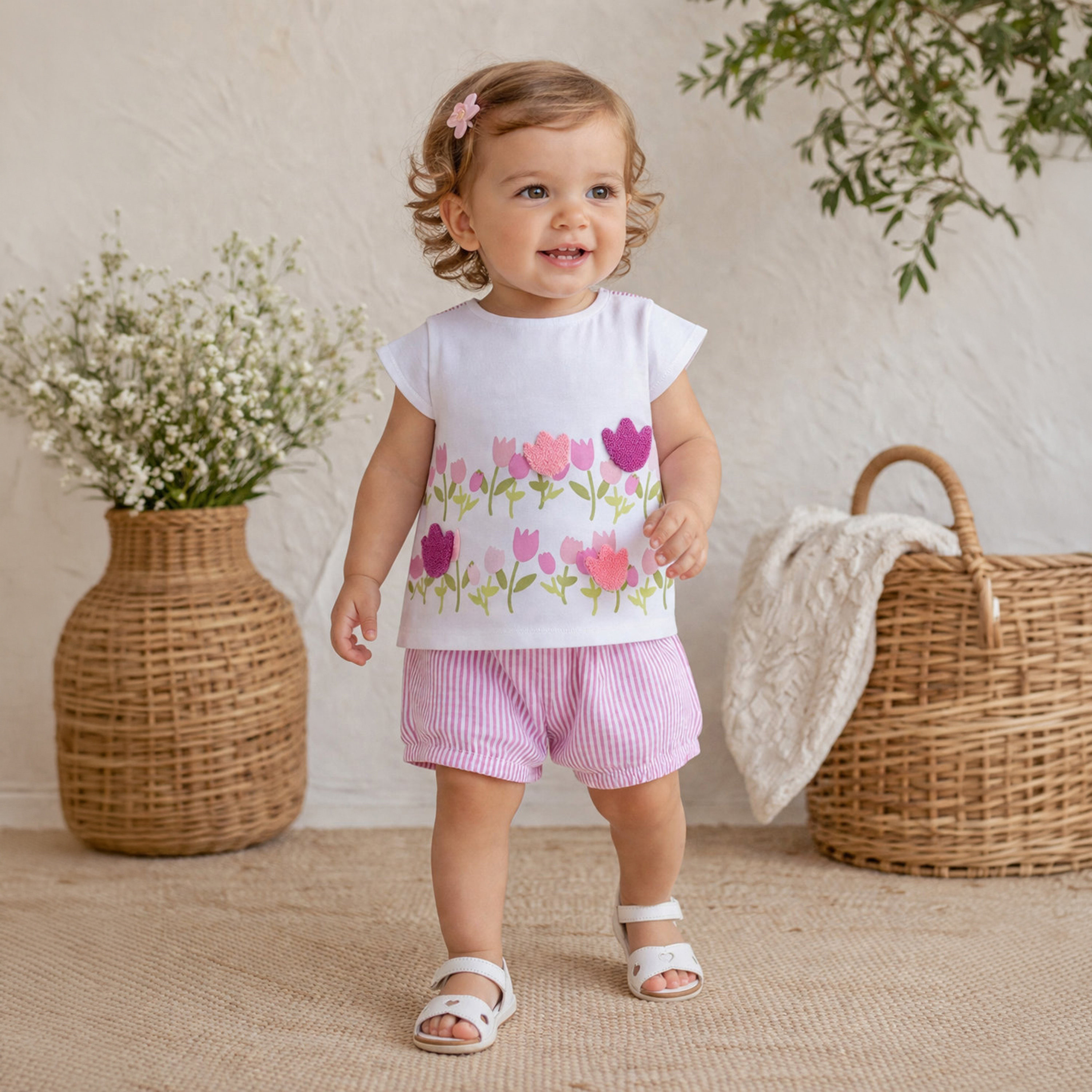 طقم توب بطبعة زهور التيوليب وأكمام كاب وشورت مخطط من فيكتور آند جين-baby-girls-clothing-setsandcoords-image-4