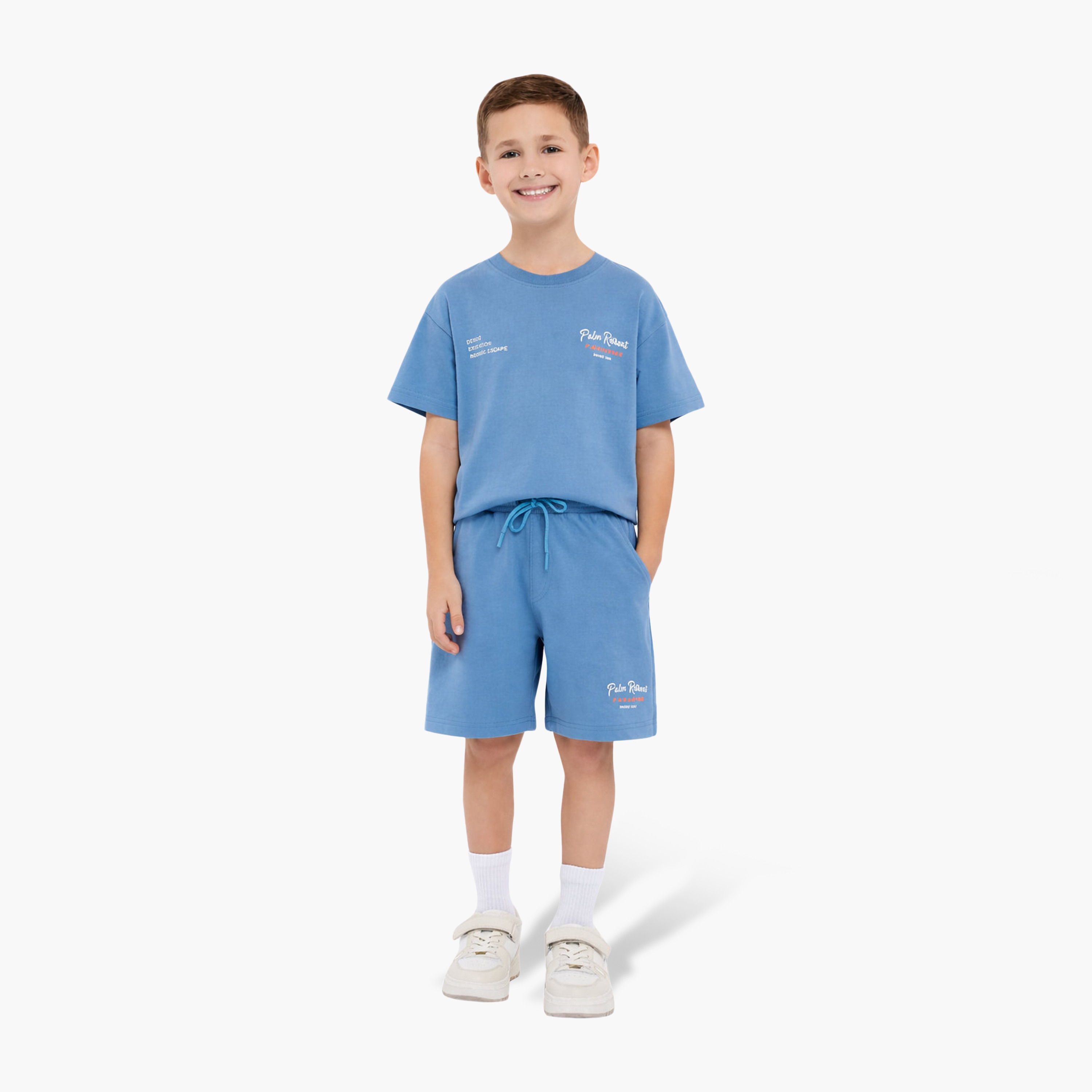 Victor and Jane Half Sleeves Palm Runner Printed T-Shirt & Shorts Set-boys-clothing-setsandcoords-image-1