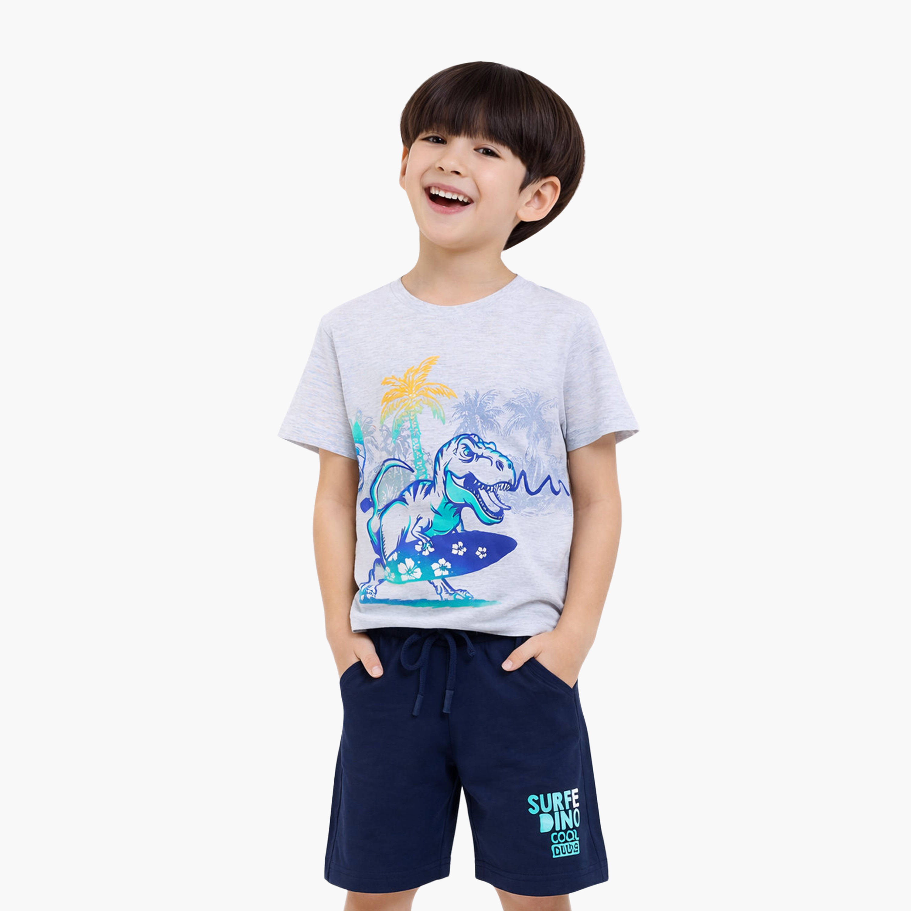 طقم تيشيرت بأكمام نصفية بطبعة دينو سيرفر وشورت من فيكتور أند جين-boys-clothing-setsandcoords-image-1