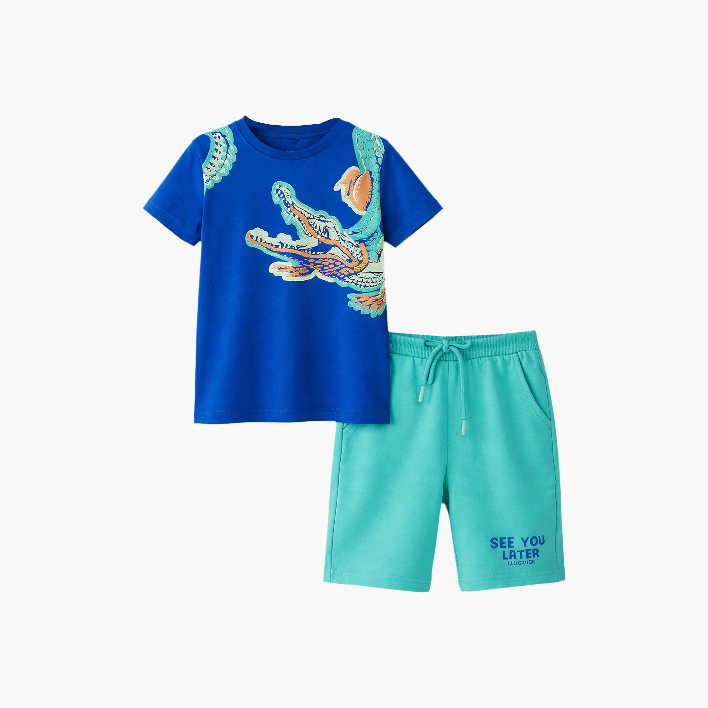 طقم تيشيرت بأكمام نصفية بطبعة كروكودايل غرافيك وشورت من فيكتور أند جين-boys-clothing-setsandcoords-image-5