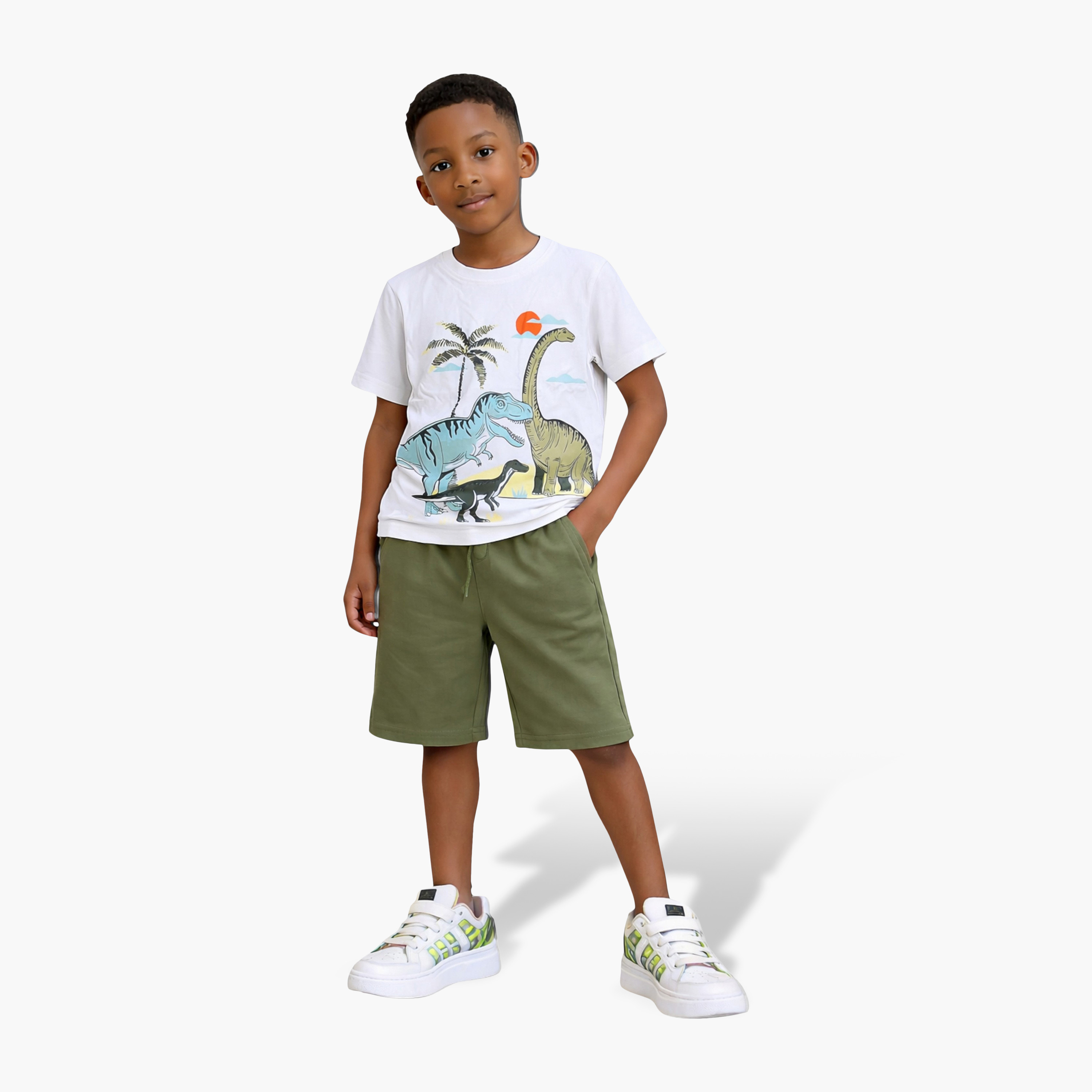 Victor and Jane Dinosaur Scene T-Shirt & Olive Cargo Shorts Set-boys-clothing-setsandcoords-image-1