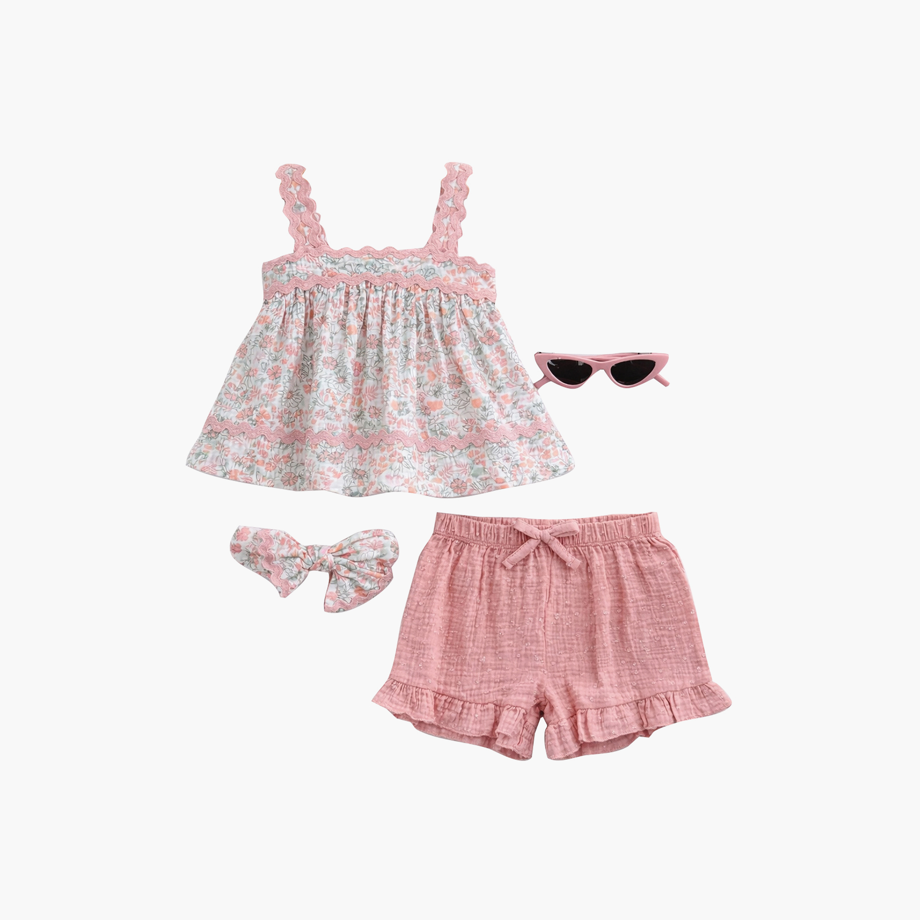 Victor and Jane 4-Piece Floral Top & Ruffle Shorts with Headband & Sunglasses-girls-clothing-setsandcoords-image-1