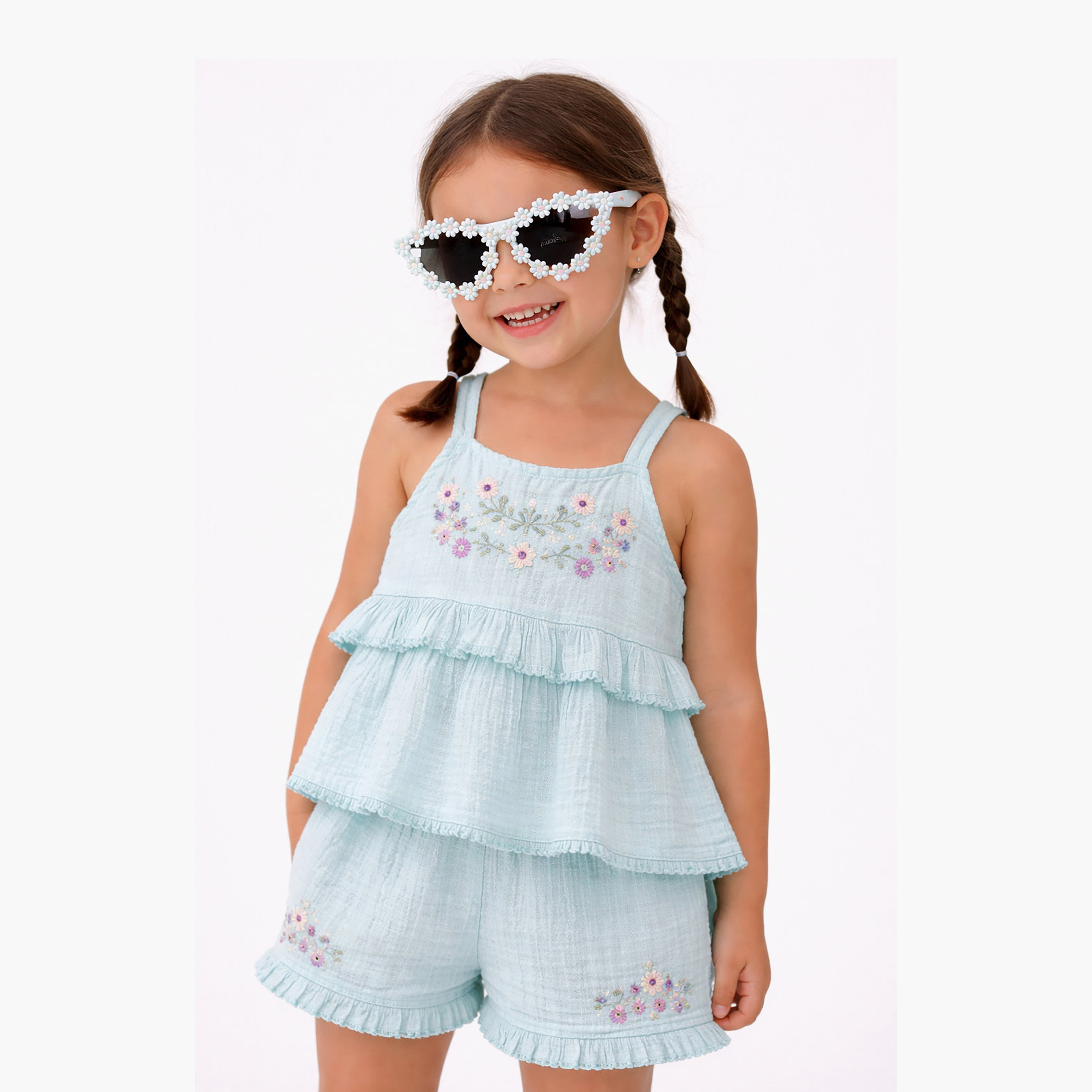 Victor and Jane Flutter Sleeves Top & Ruffle-Hem Shorts with Sunglasses-girls-clothing-setsandcoords-image-2