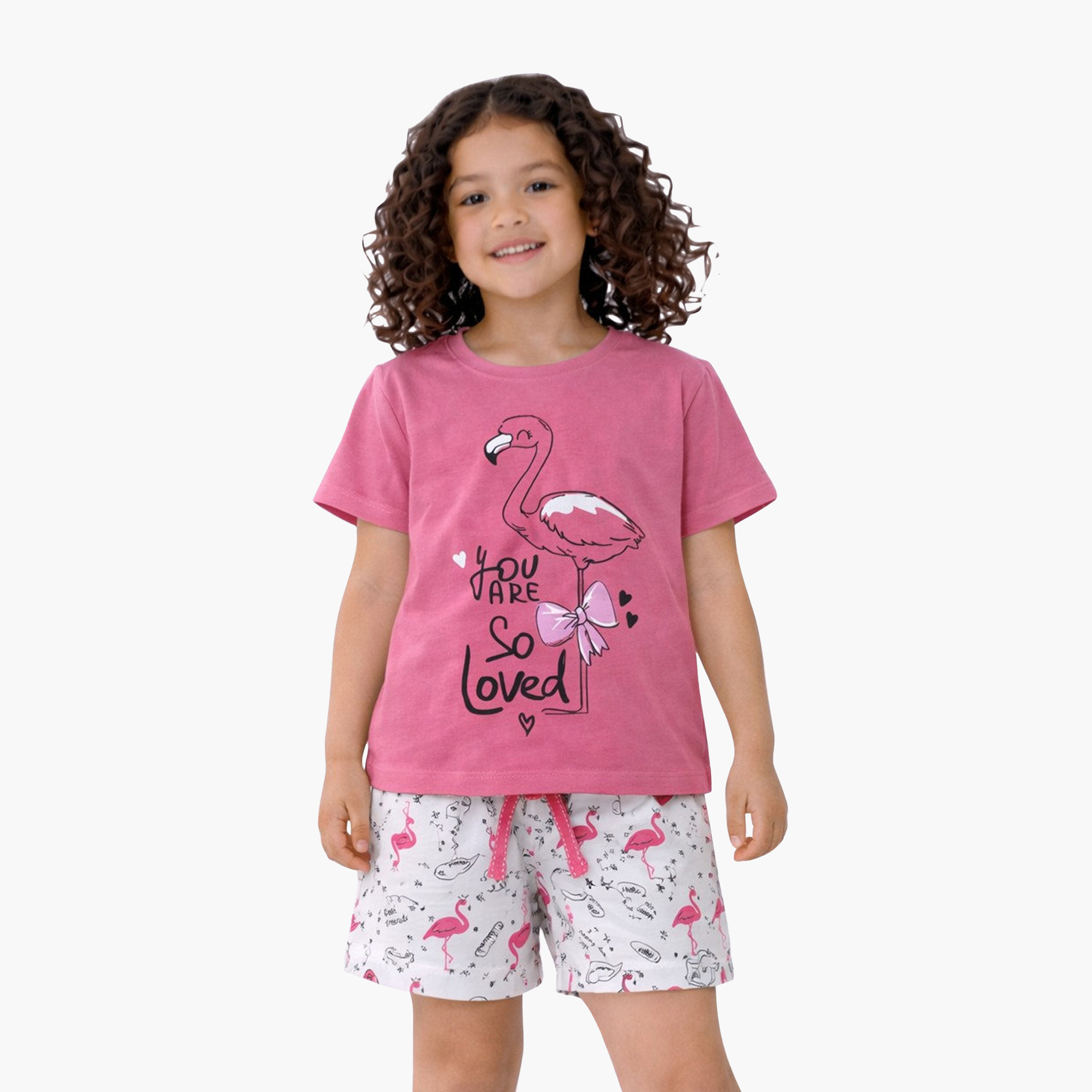 طقم تي شيرت "You Are Loved" بطبعة فلامينغو وشورت مطبوع من فيكتور آند جين-girls-clothing-setsandcoords-image-1