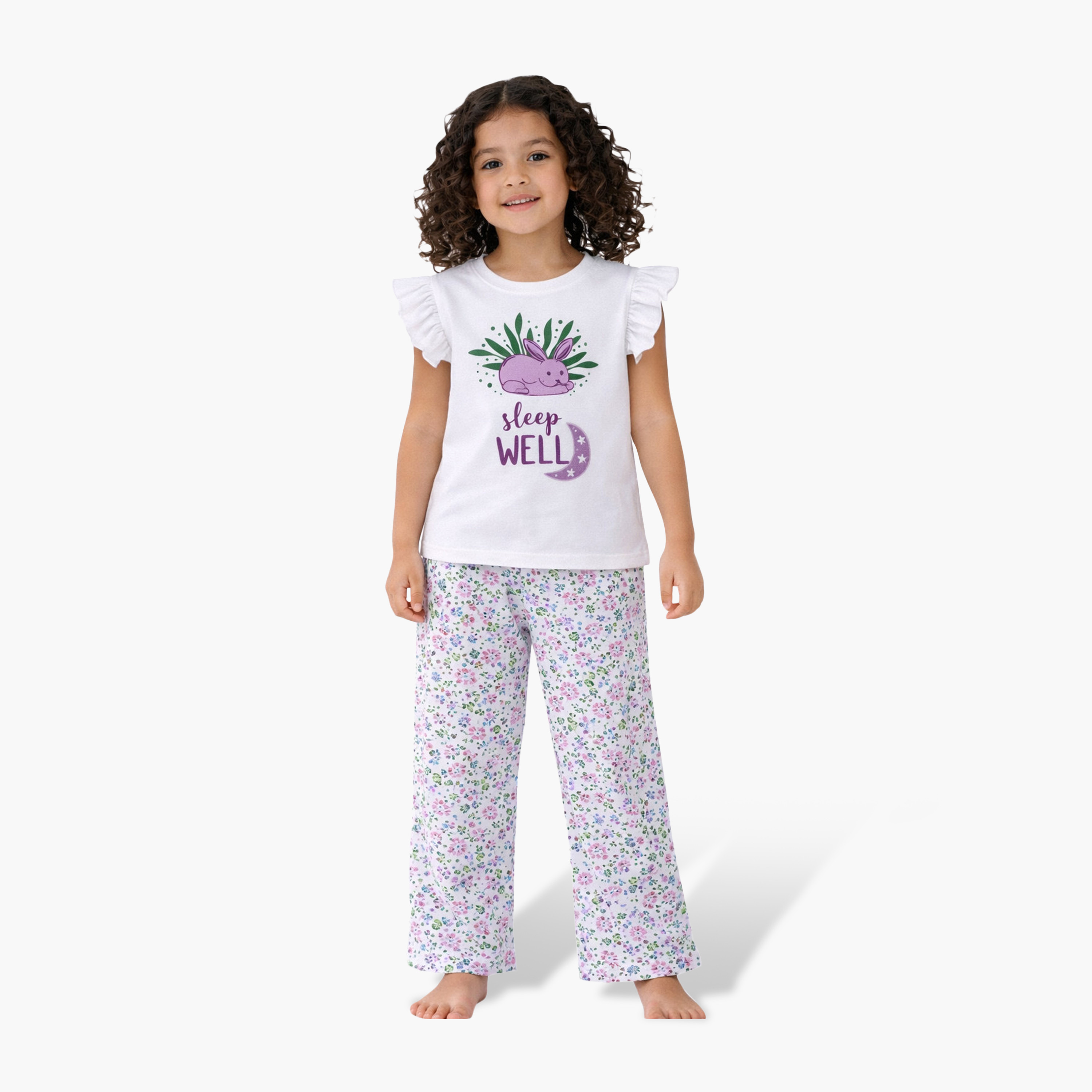 Victor and Jane Sleep Well Printed Frill Sleeve Top & Floral Print Pants Set-girls-clothing-setsandcoords-image-1