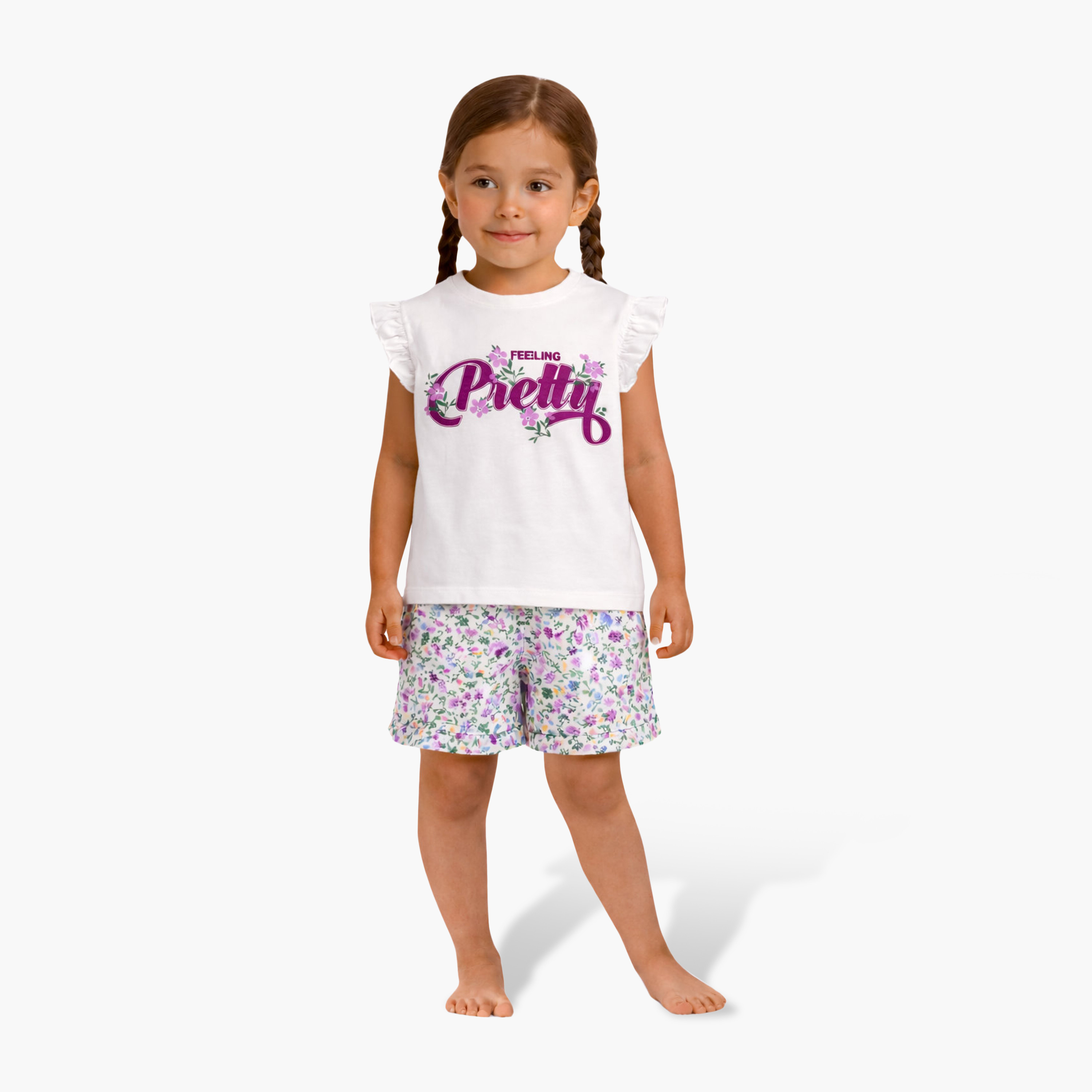 طقم بلوزة "Feeling Pretty" بأكمام كشكشة وشورت بطبعة زهور من فيكتور آند جين-girls-clothing-setsandcoords-image-1