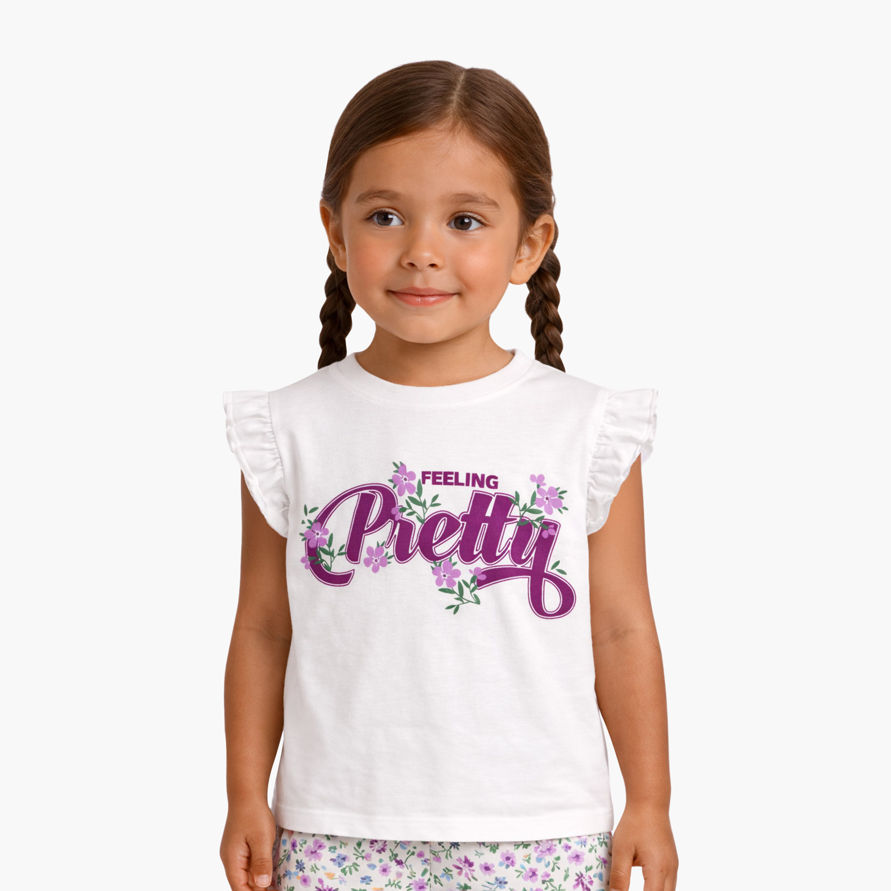 Victor and Jane Feeling Pretty Printed Frill Sleeve Top & Floral Shorts Set-girls-clothing-setsandcoords-image-2