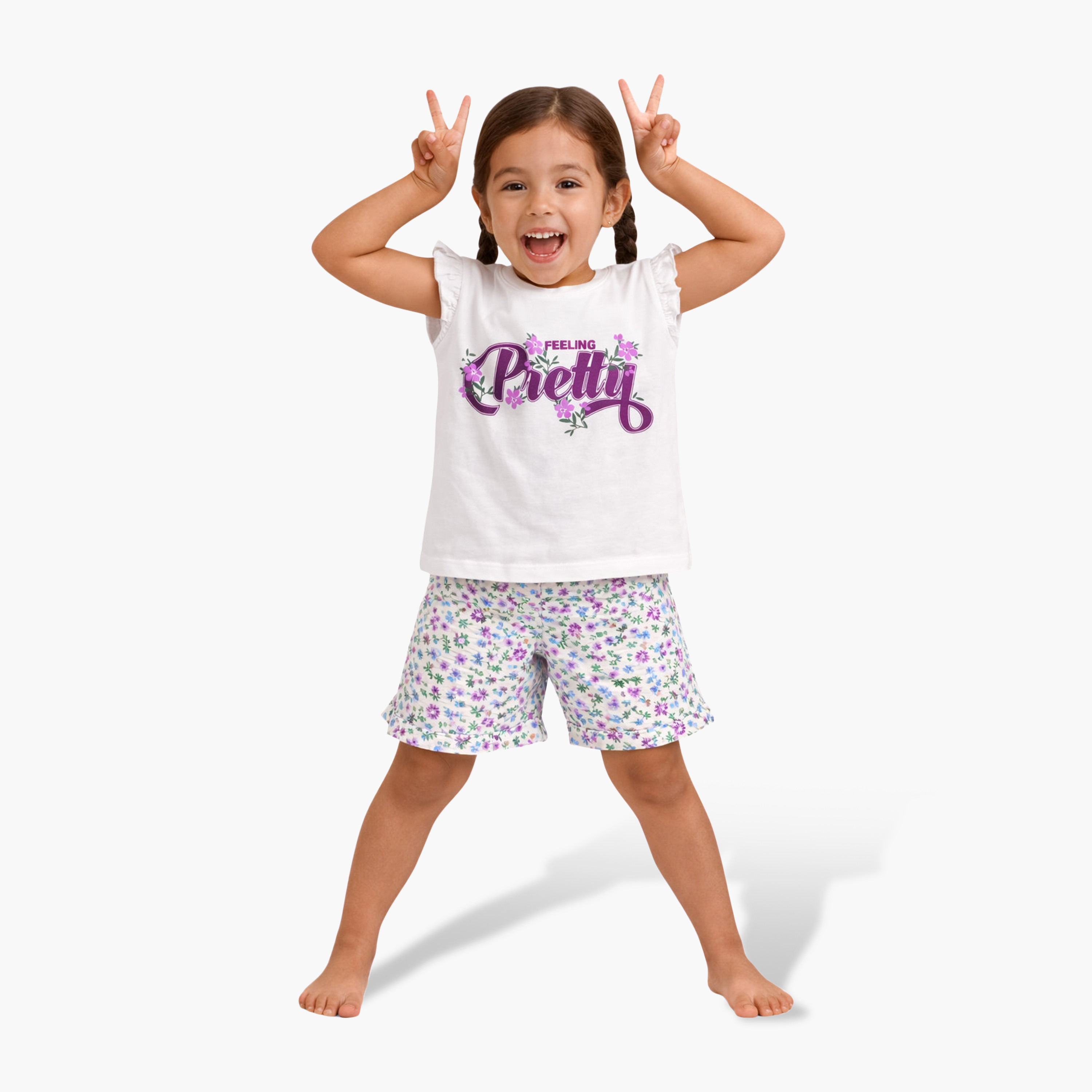 طقم بلوزة "Feeling Pretty" بأكمام كشكشة وشورت بطبعة زهور من فيكتور آند جين-girls-clothing-setsandcoords-image-3