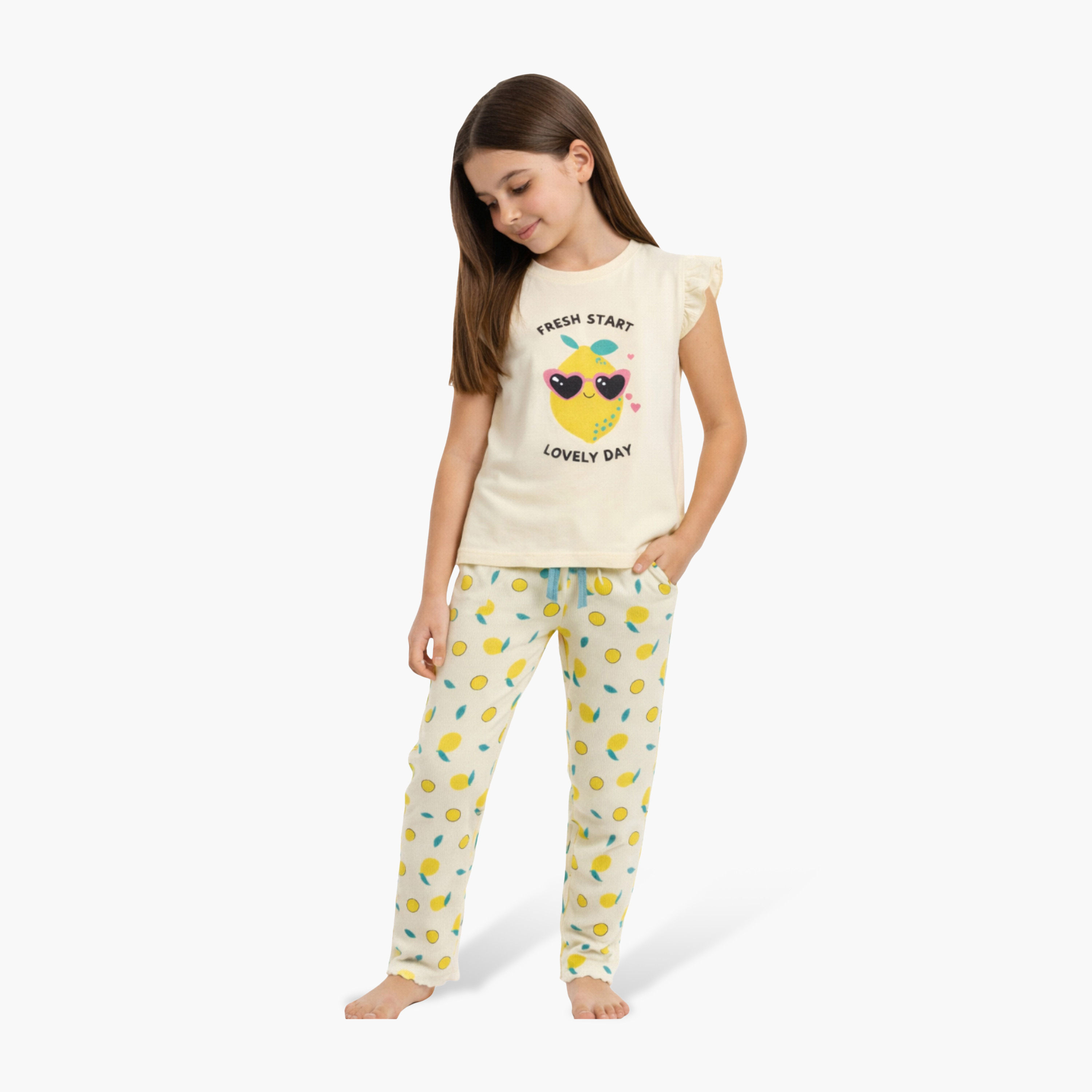 Victor and Jane Hello Summer Printed Frill Sleeve Top & Lemon Print Pants Set-girls-clothing-setsandcoords-image-1