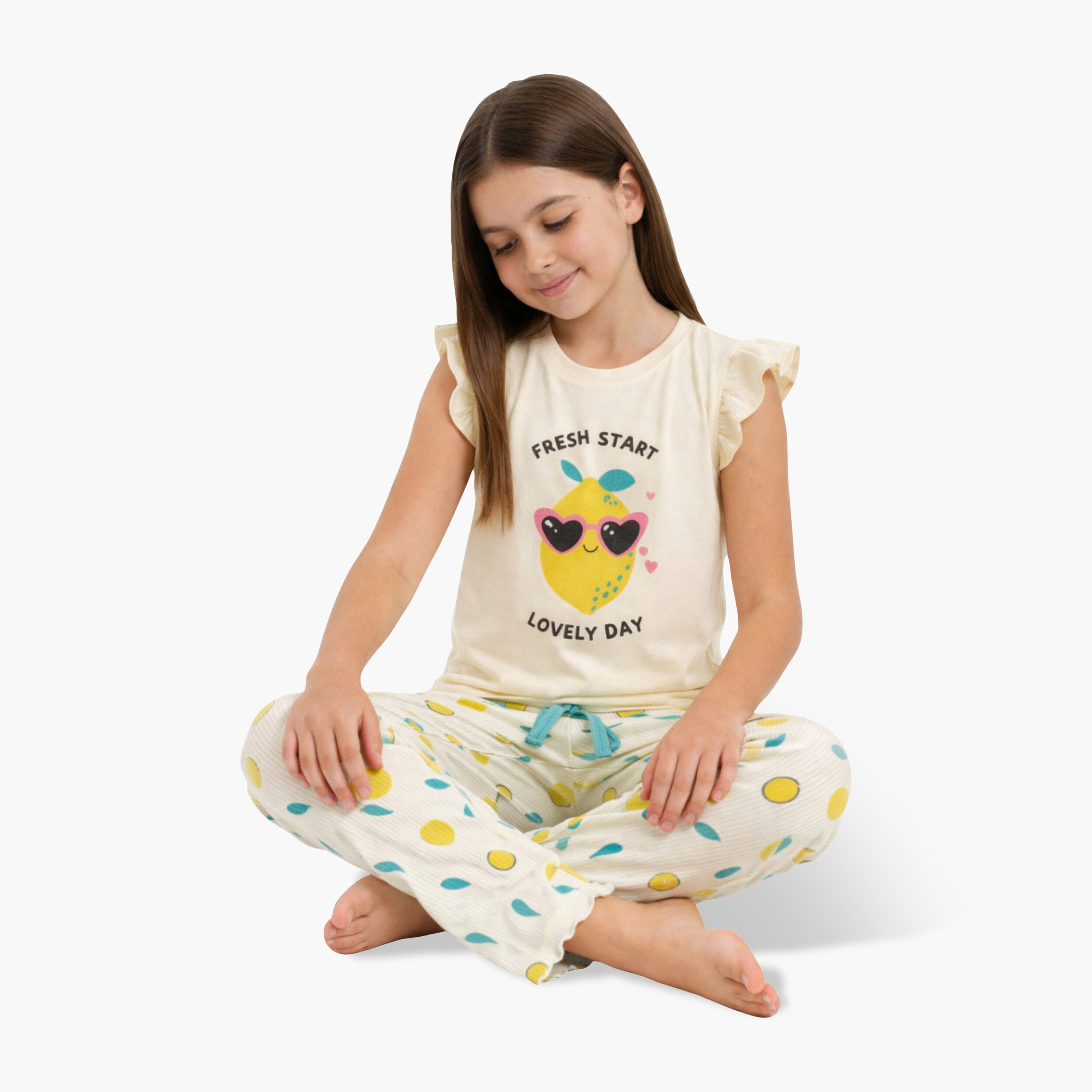 Victor and Jane Hello Summer Printed Frill Sleeve Top & Lemon Print Pants Set-girls-clothing-setsandcoords-image-3