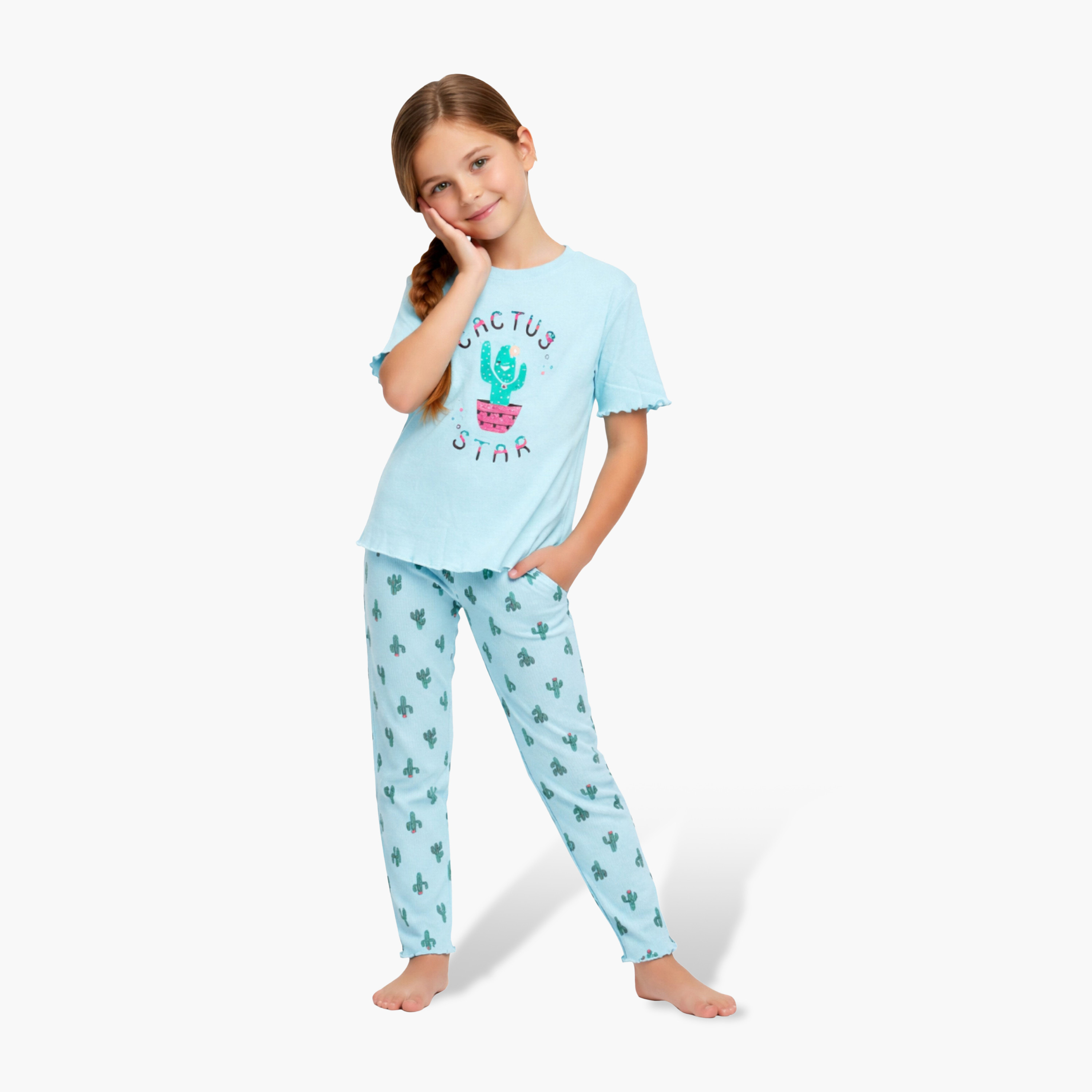 Victor and Jane Cactus Star Printed Frill Sleeve Top & Printed Pants Set-girls-clothing-setsandcoords-image-1