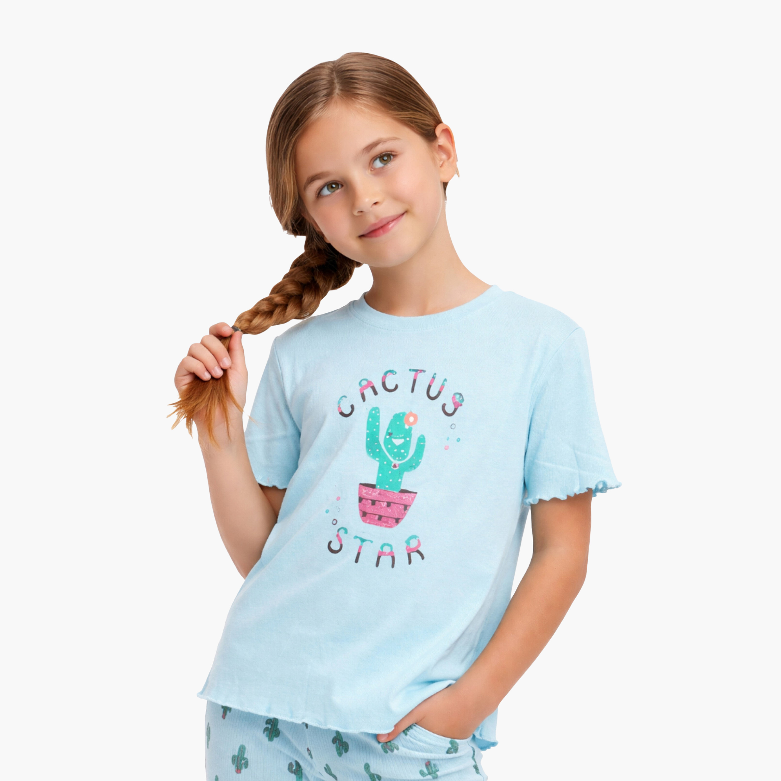 Victor and Jane Cactus Star Printed Frill Sleeve Top & Printed Pants Set-girls-clothing-setsandcoords-image-2