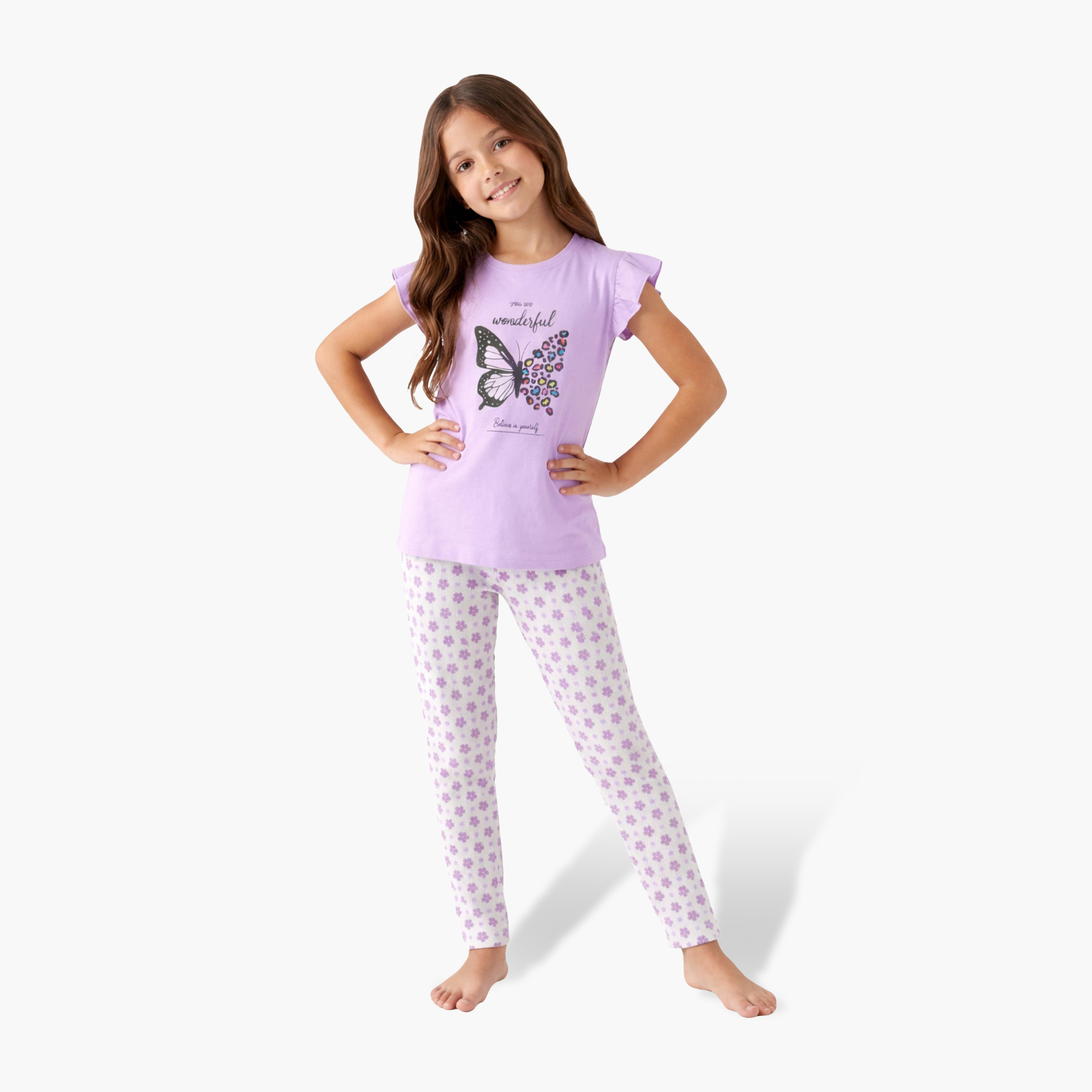 Victor and Jane Butterfly Graphic Frill Sleeve Top & Star Print Pants Set-girls-clothing-setsandcoords-image-1