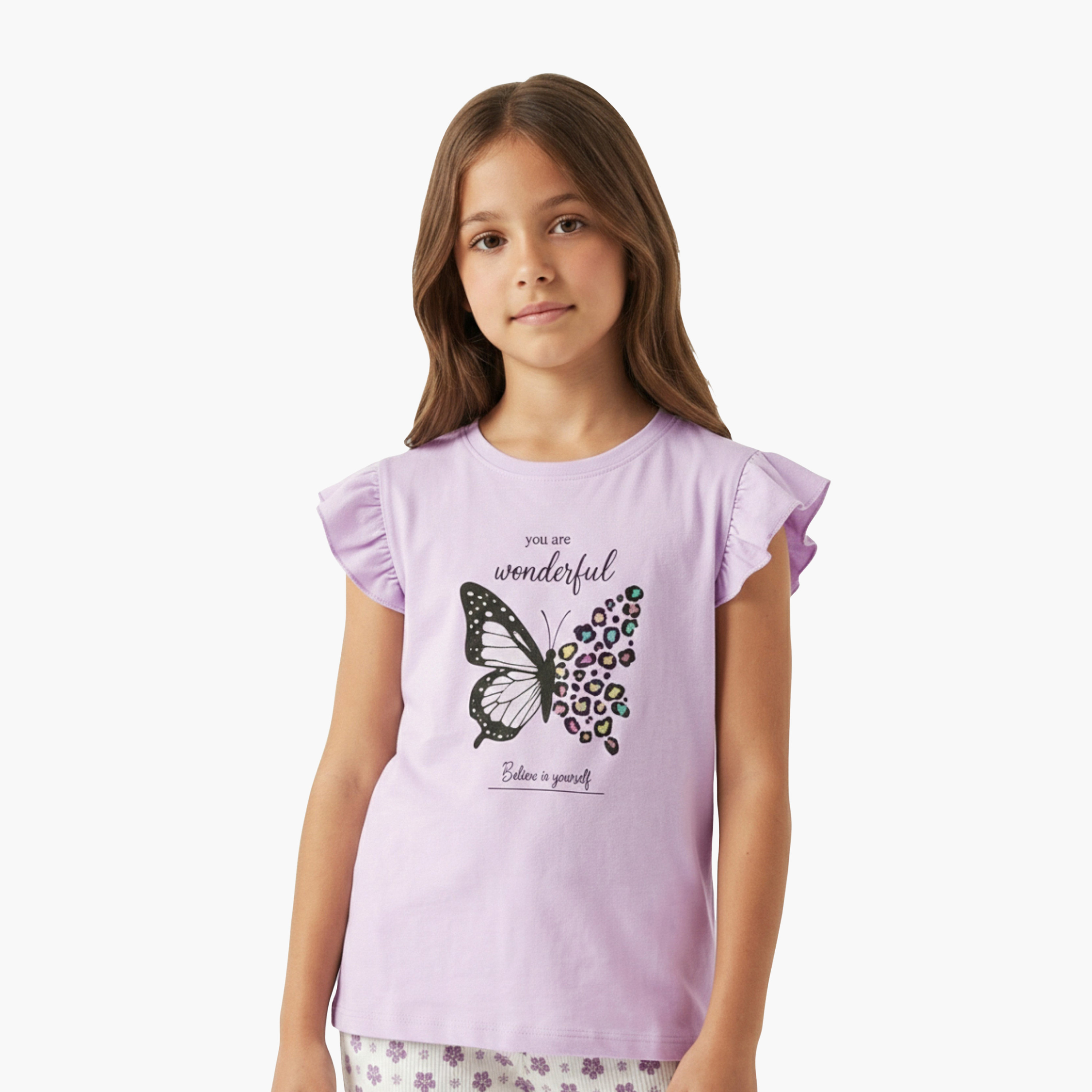 Victor and Jane Butterfly Graphic Frill Sleeve Top & Star Print Pants Set-girls-clothing-setsandcoords-image-3