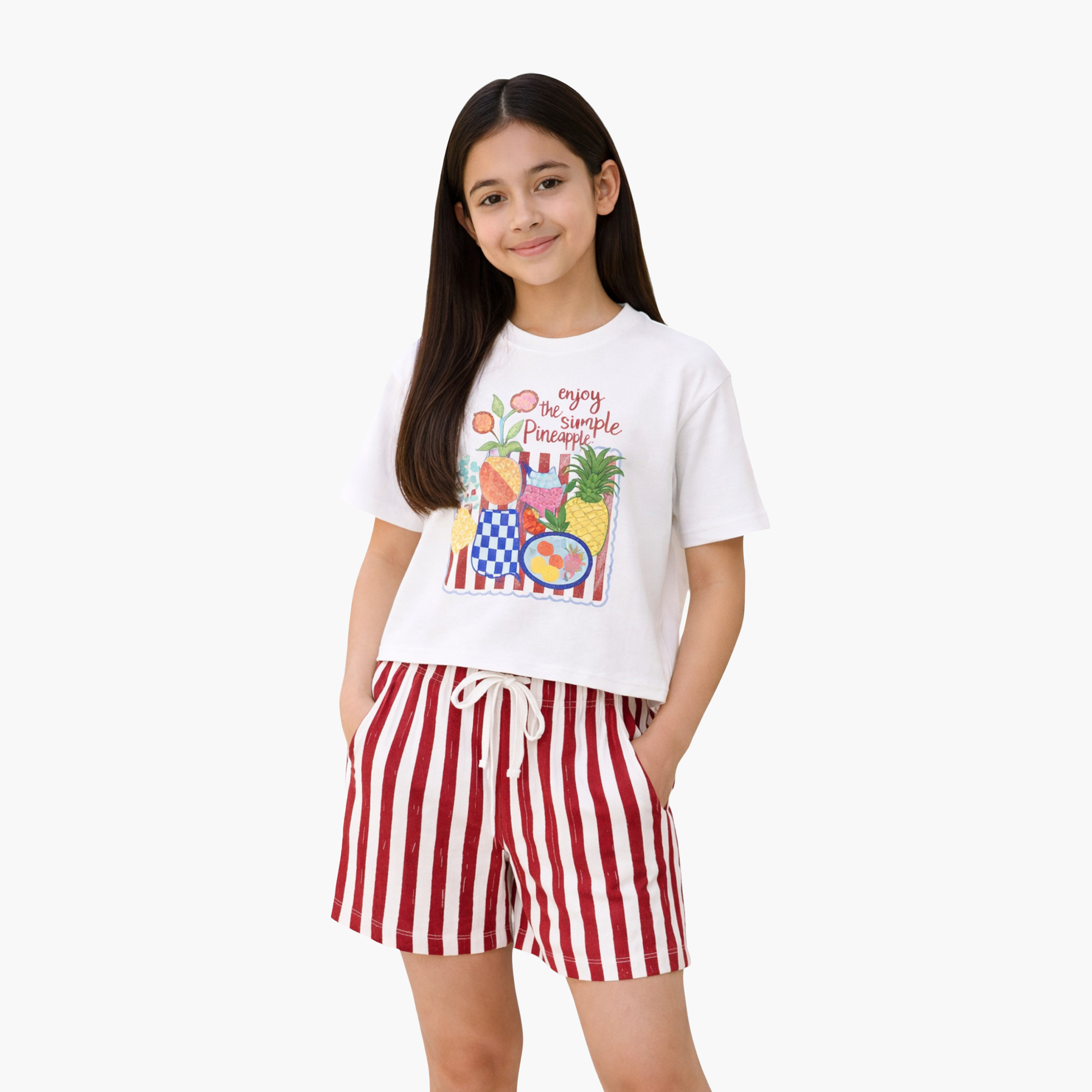 طقم تي شيرت بطبعة رسومات وشورت مخطط من فيكتور آند جين-girls-clothing-setsandcoords-image-2