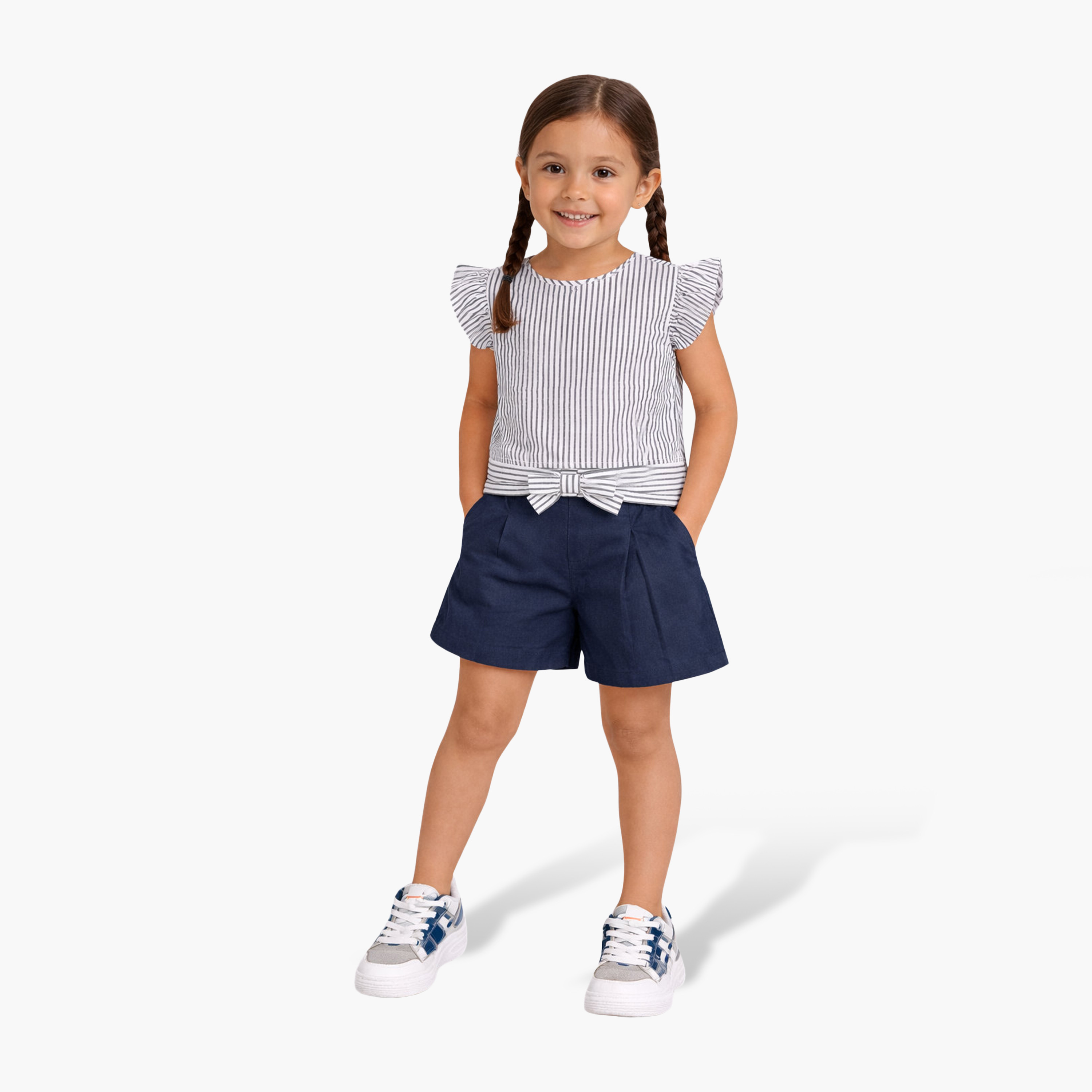 طقم بلوزة بأكمام كشكشة مخططة وشورت من فيكتور آند جين-girls-clothing-setsandcoords-image-1