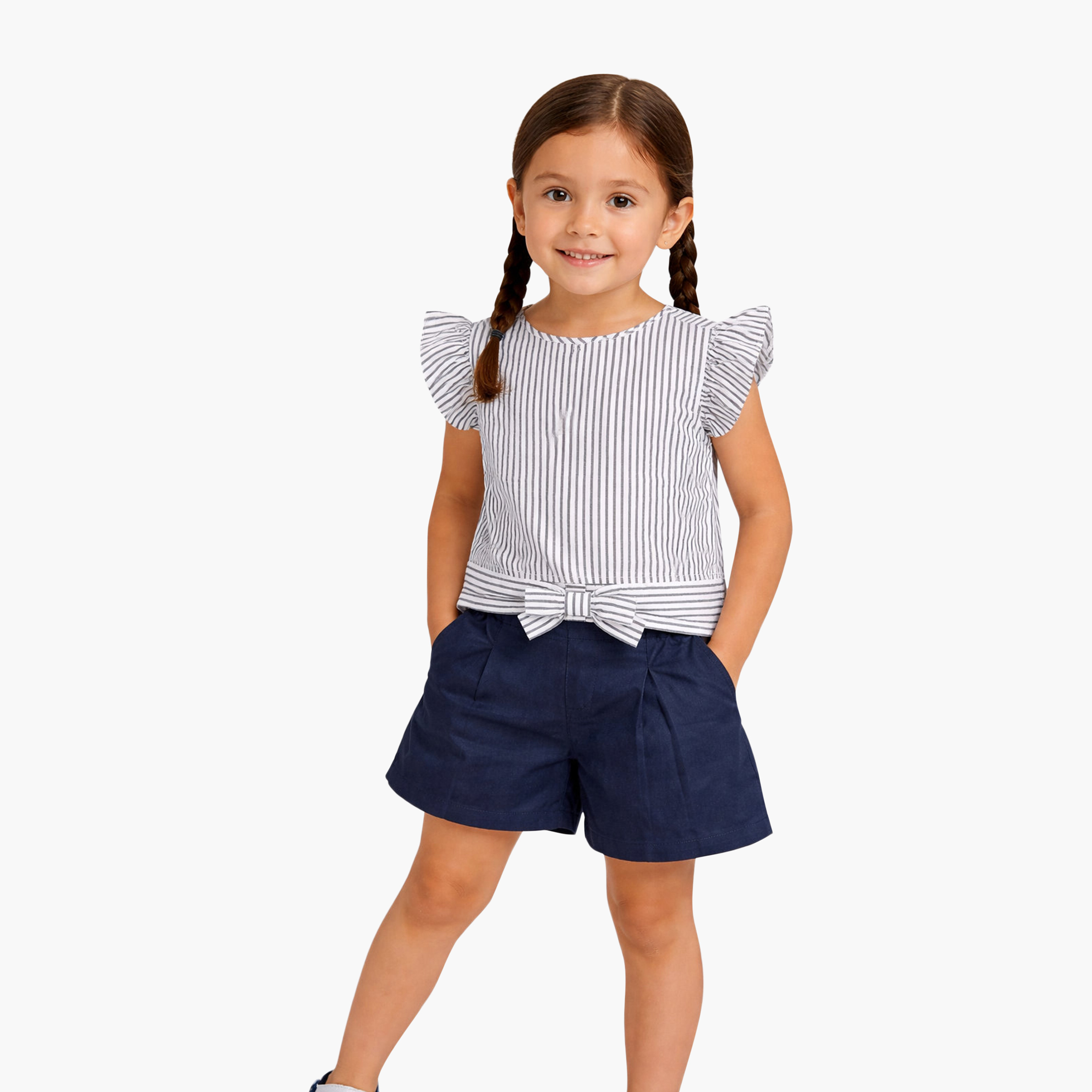 طقم بلوزة بأكمام كشكشة مخططة وشورت من فيكتور آند جين-girls-clothing-setsandcoords-image-3