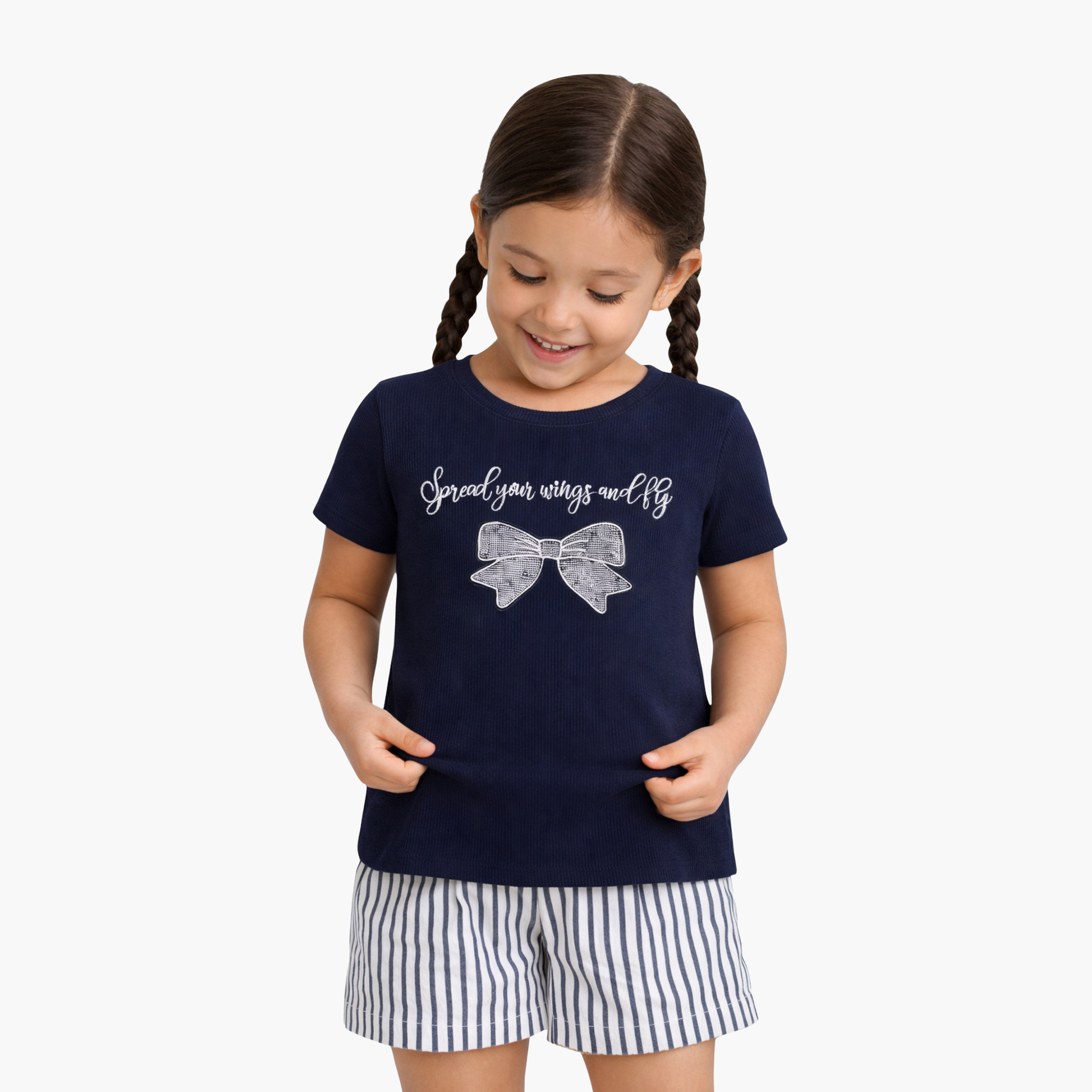 طقم تيشيرت مخطط بأكمام قصيرة وشورت من فيكتور أند جين-girls-clothing-setsandcoords-image-2