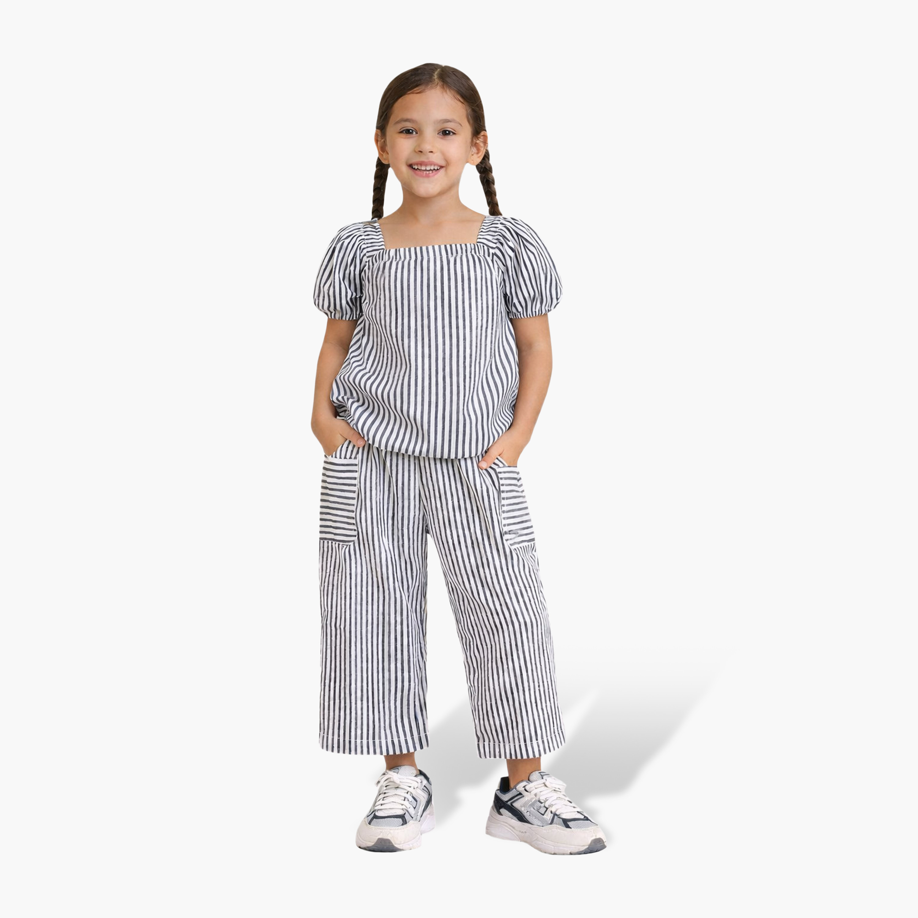 Victor and Jane Striped Puff Sleeve Top & Wide-Leg Cargo Trousers Set-girls-clothing-setsandcoords-image-1