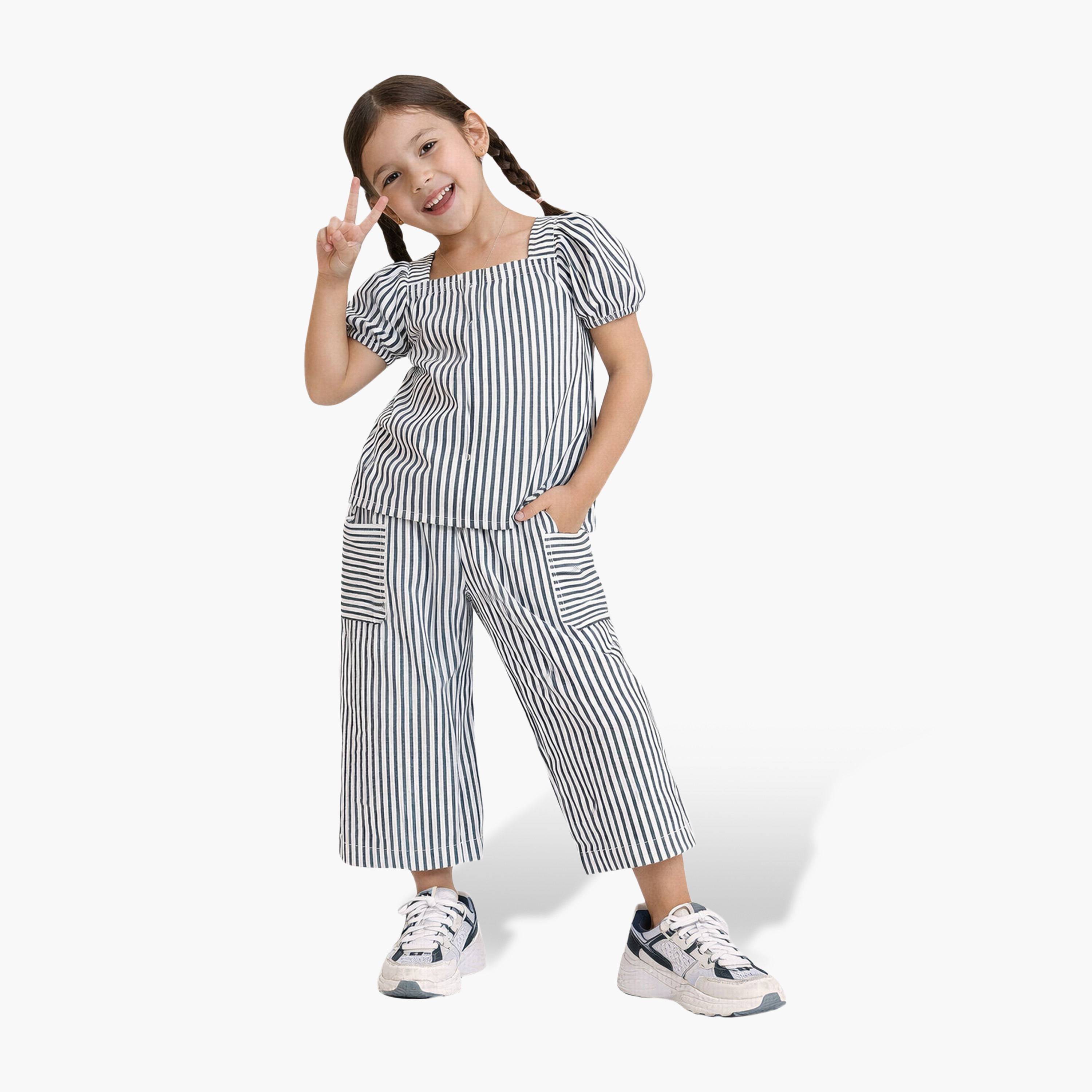 Victor and Jane Striped Puff Sleeve Top & Wide-Leg Cargo Trousers Set-girls-clothing-setsandcoords-image-3