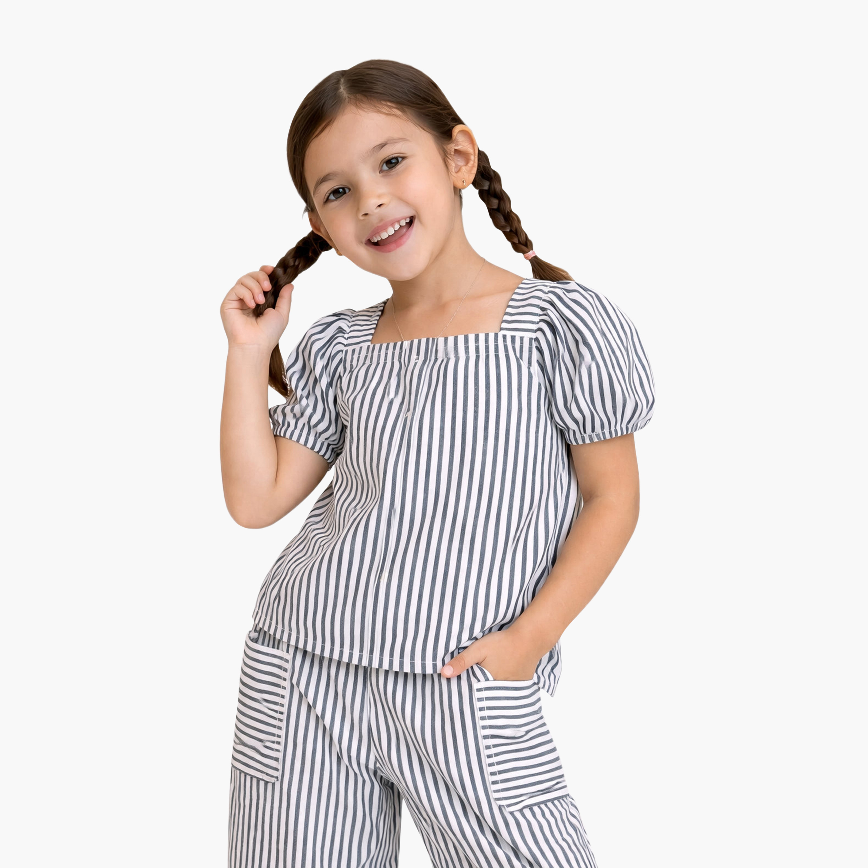 Victor and Jane Striped Puff Sleeve Top & Wide-Leg Cargo Trousers Set-girls-clothing-setsandcoords-image-4