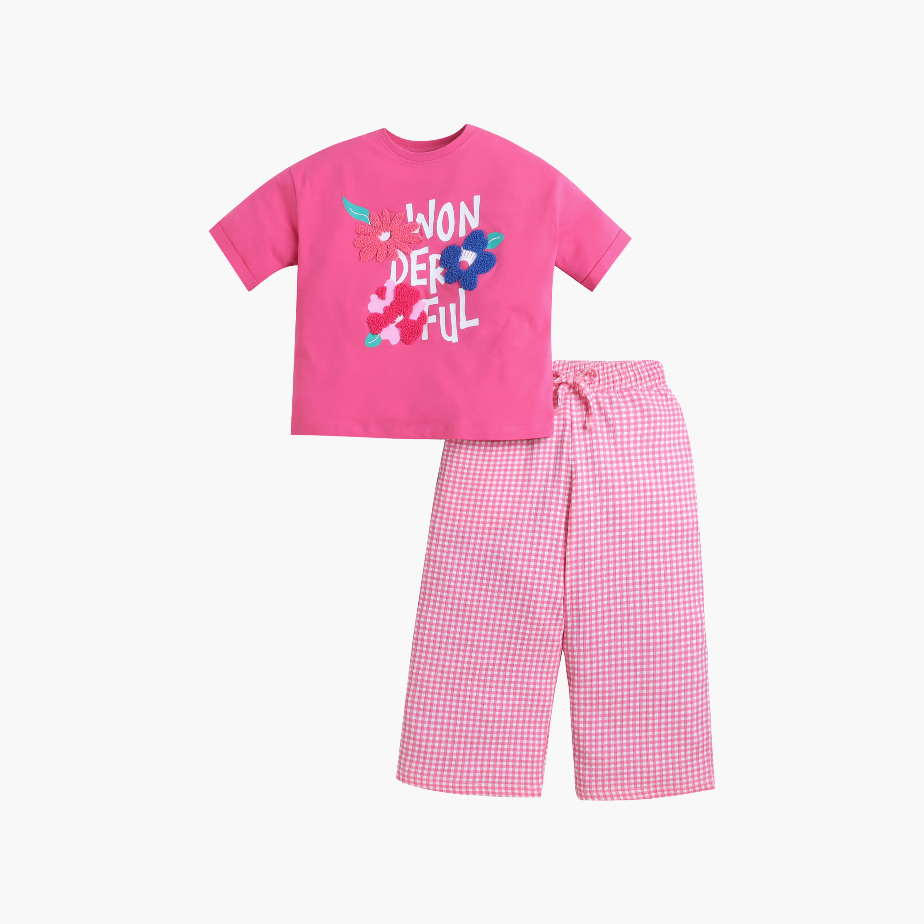 Victor and Jane Wonderful Printed T-Shirt & Checked Pants Set-girls-clothing-setsandcoords-image-2
