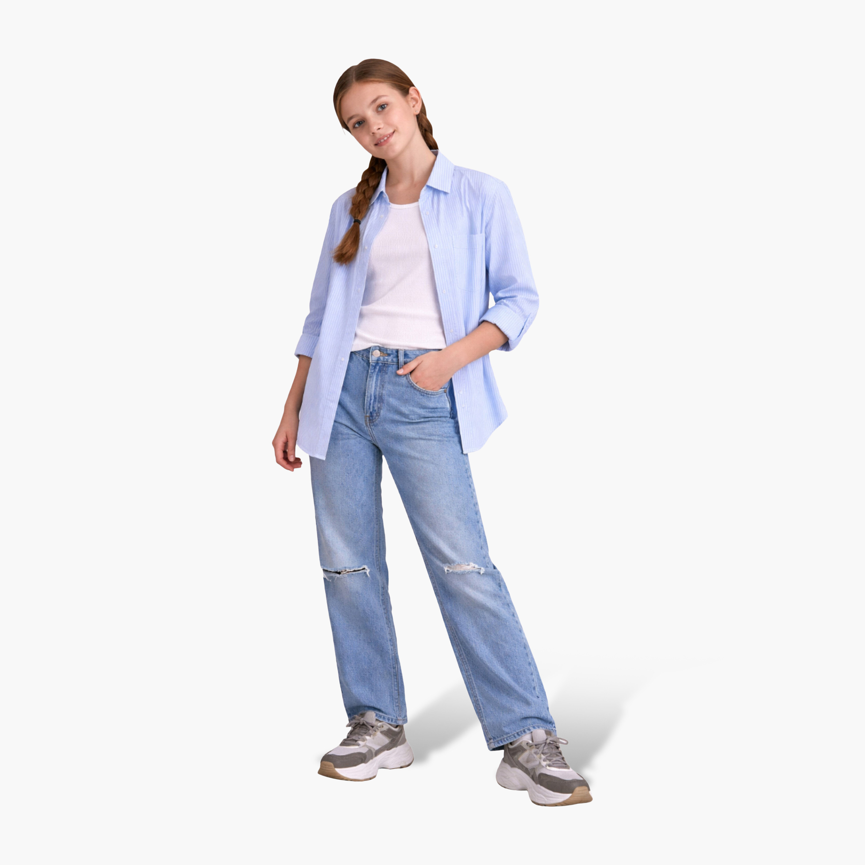 قميص قطني مخطط بقصة فضفاضة من فيكتور آند جين-girls-clothing-blousesandshirts-image-2