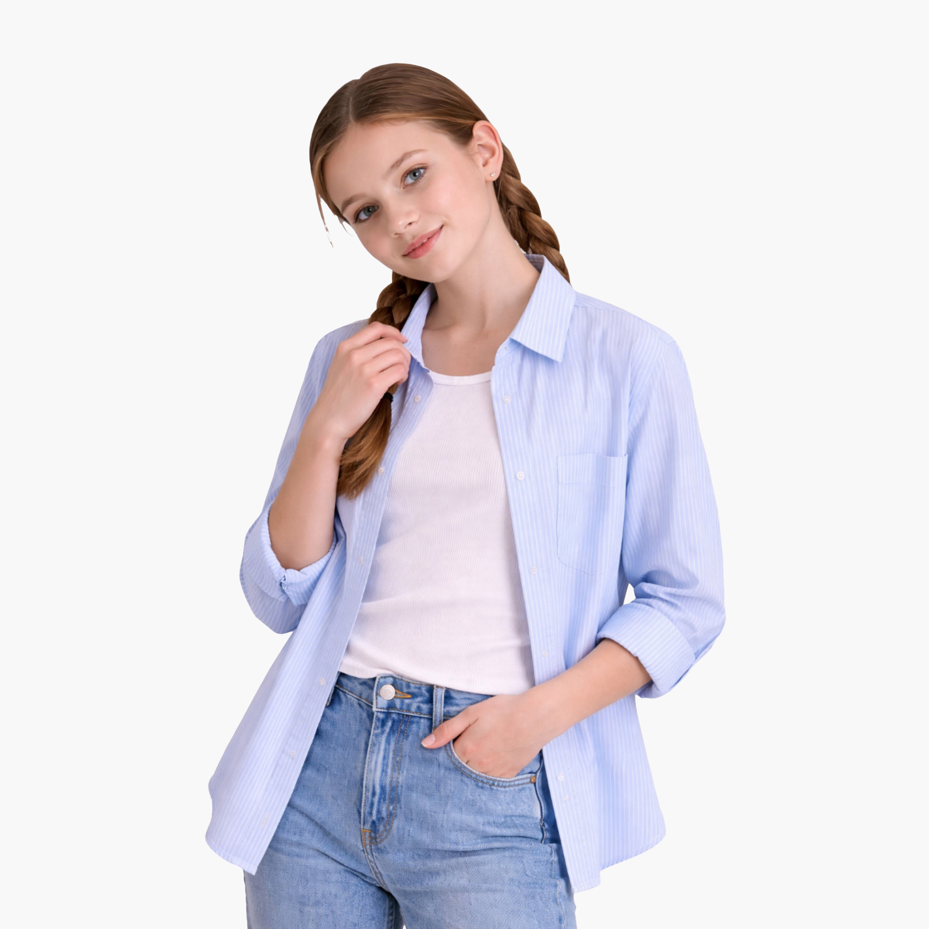 قميص قطني مخطط بقصة فضفاضة من فيكتور آند جين-girls-clothing-blousesandshirts-image-3