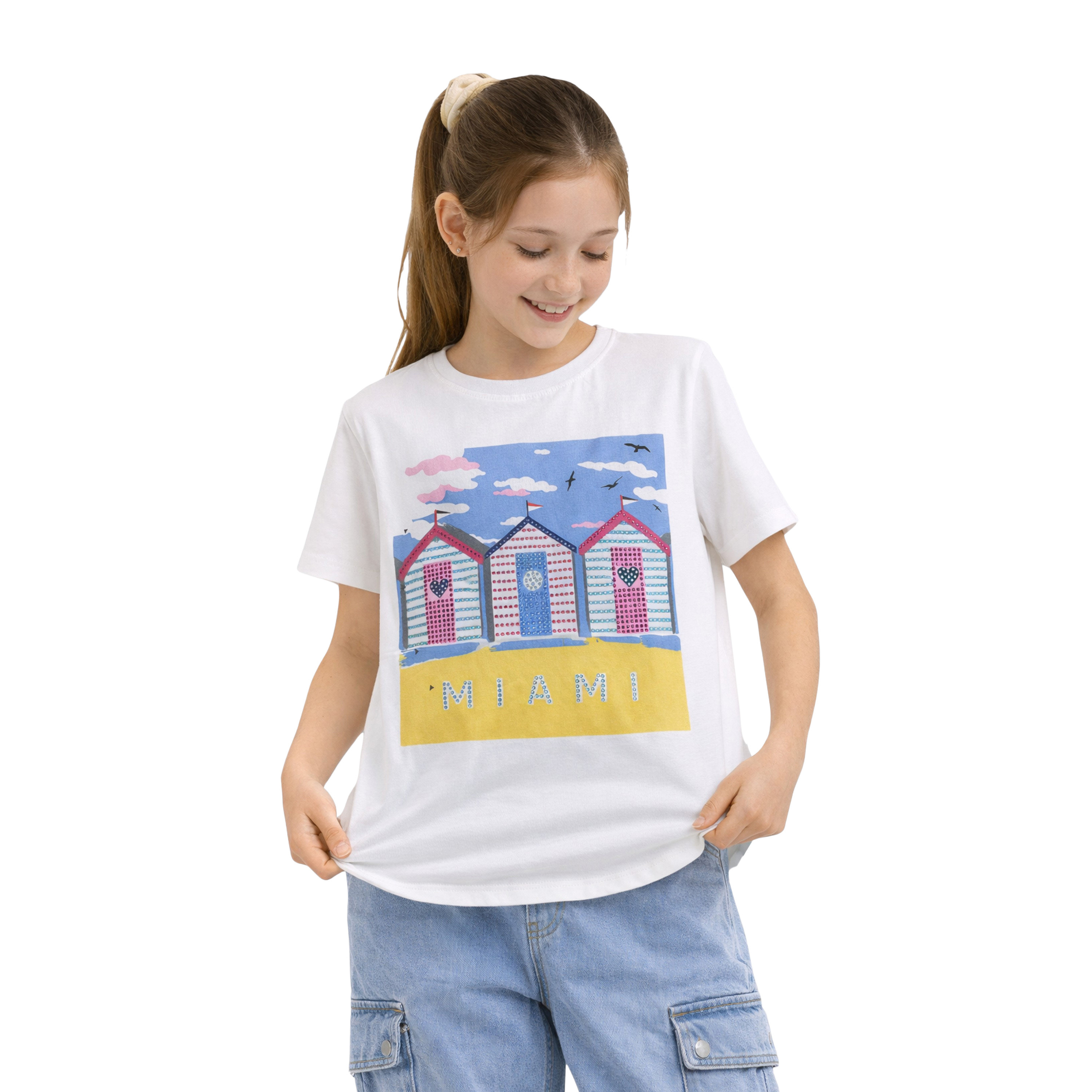 تيشيرت بأكمام قصيرة مزين بطبعة ميامي غرافيك من فيكتور أند جين-girls-clothing-tshirts-image-1