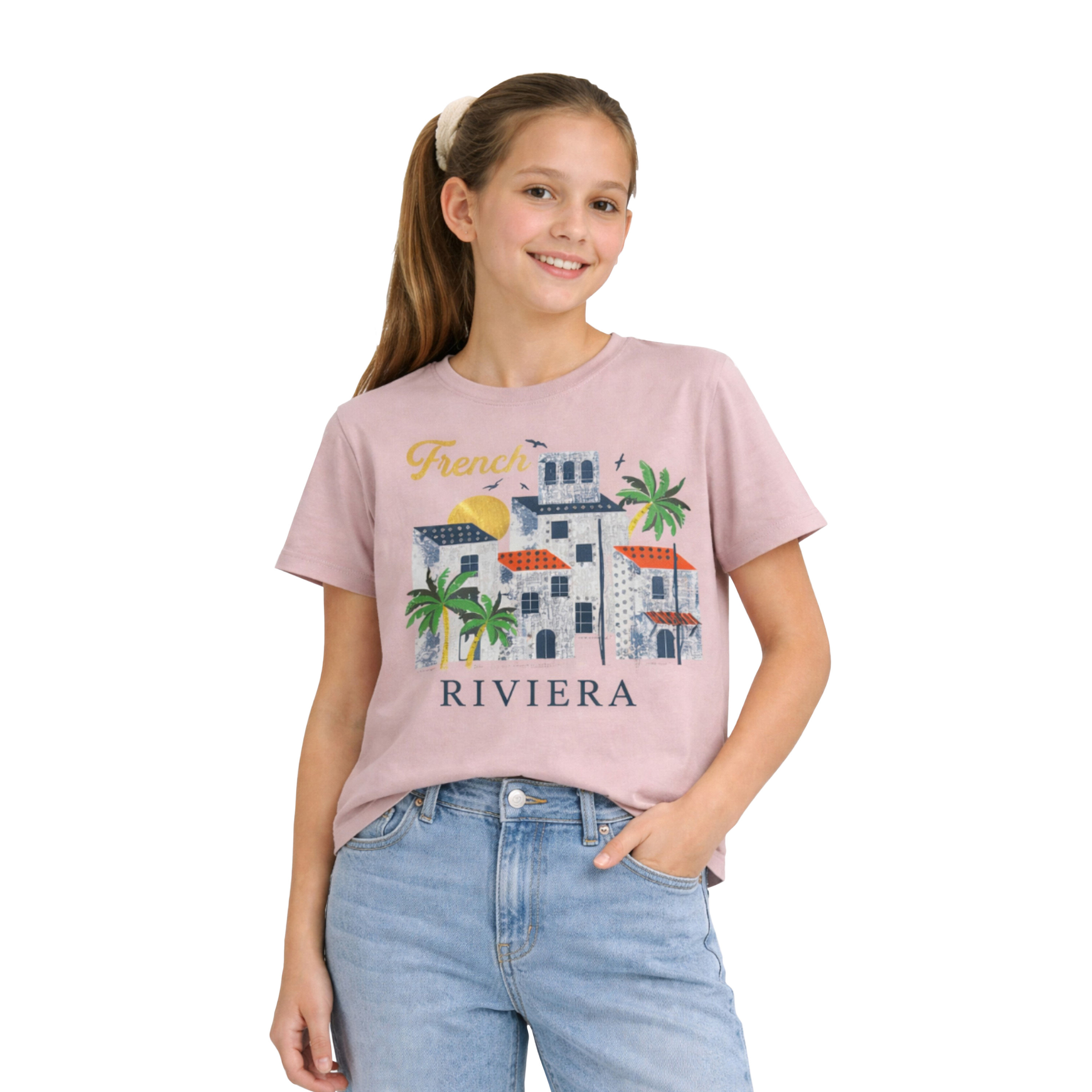 تيشيرت بأكمام قصيرة مزين بطبعة فرينش ريفييرا من فيكتور أند جين-girls-clothing-tshirts-image-1