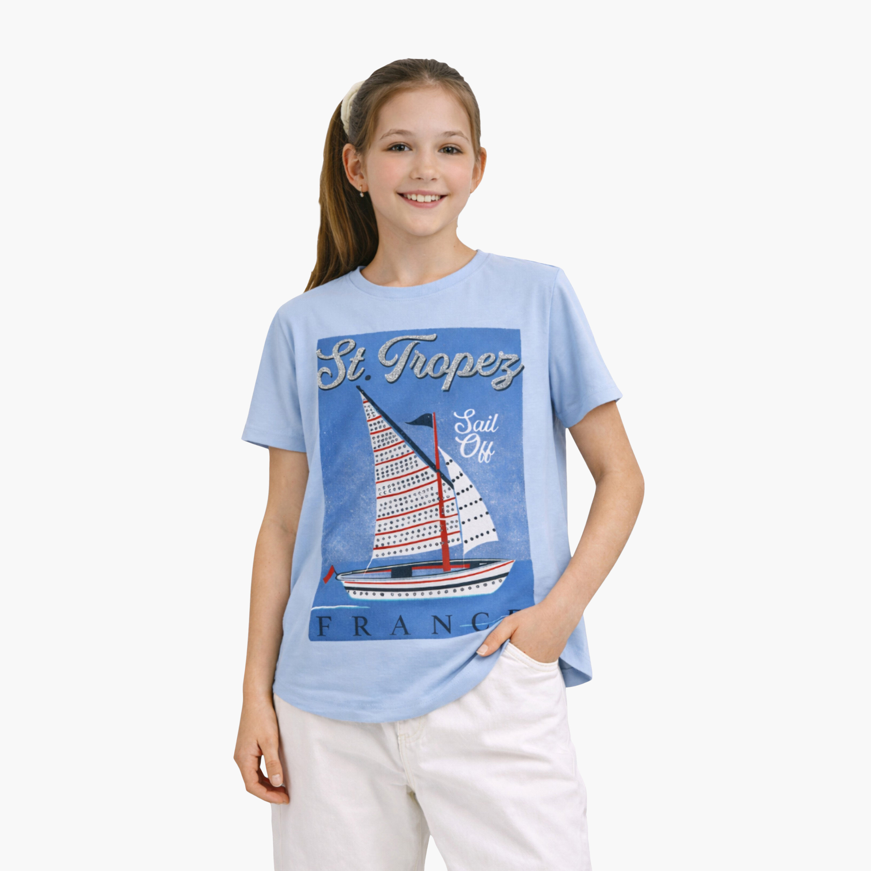 تيشيرت بأكمام قصيرة مزين بطبعة سان تروبريه فرانس من فيكتور أند جين-girls-clothing-tshirts-image-1